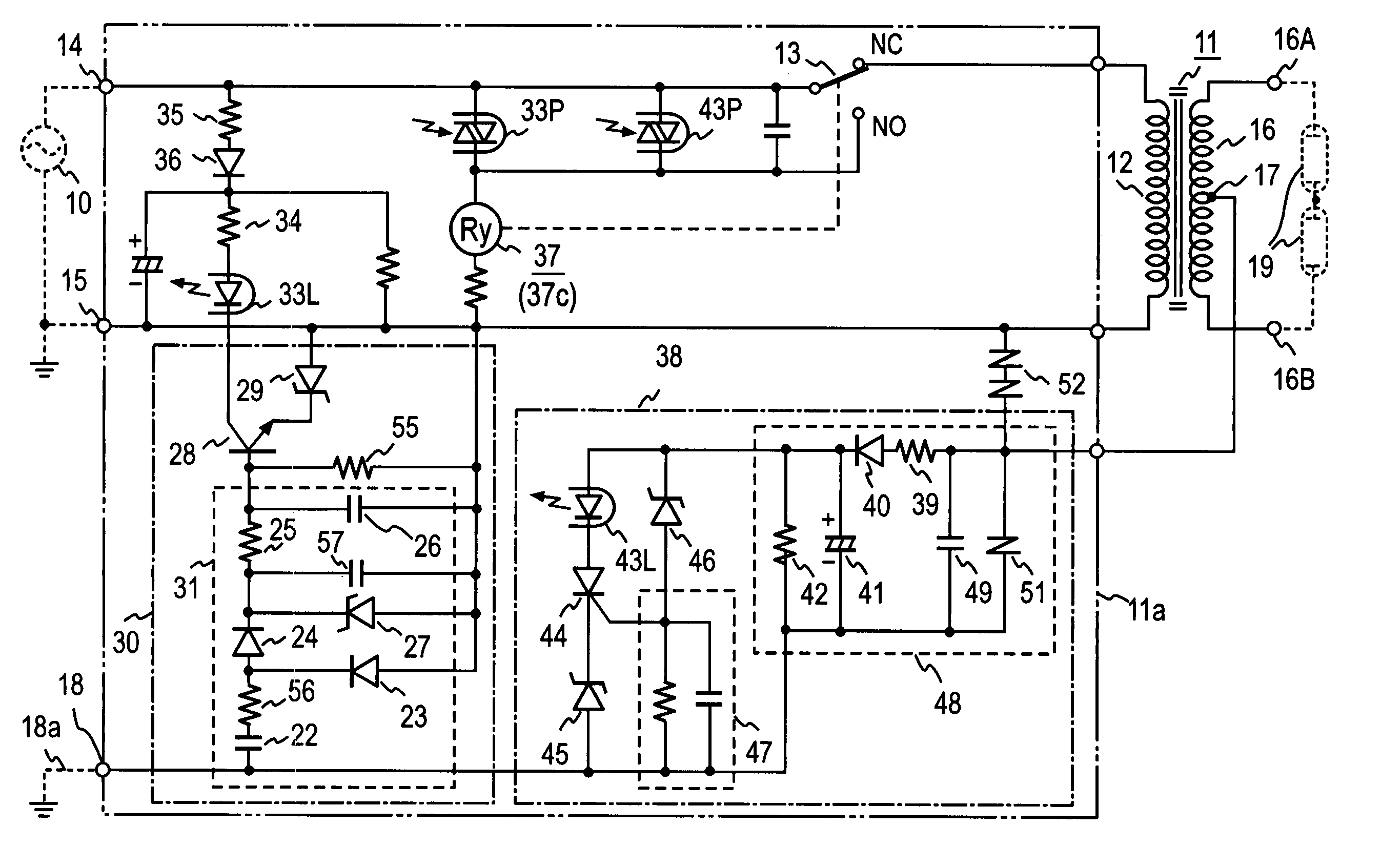 Discharge tube lighting transformer with protective circuit against non-grounding of ground terminal