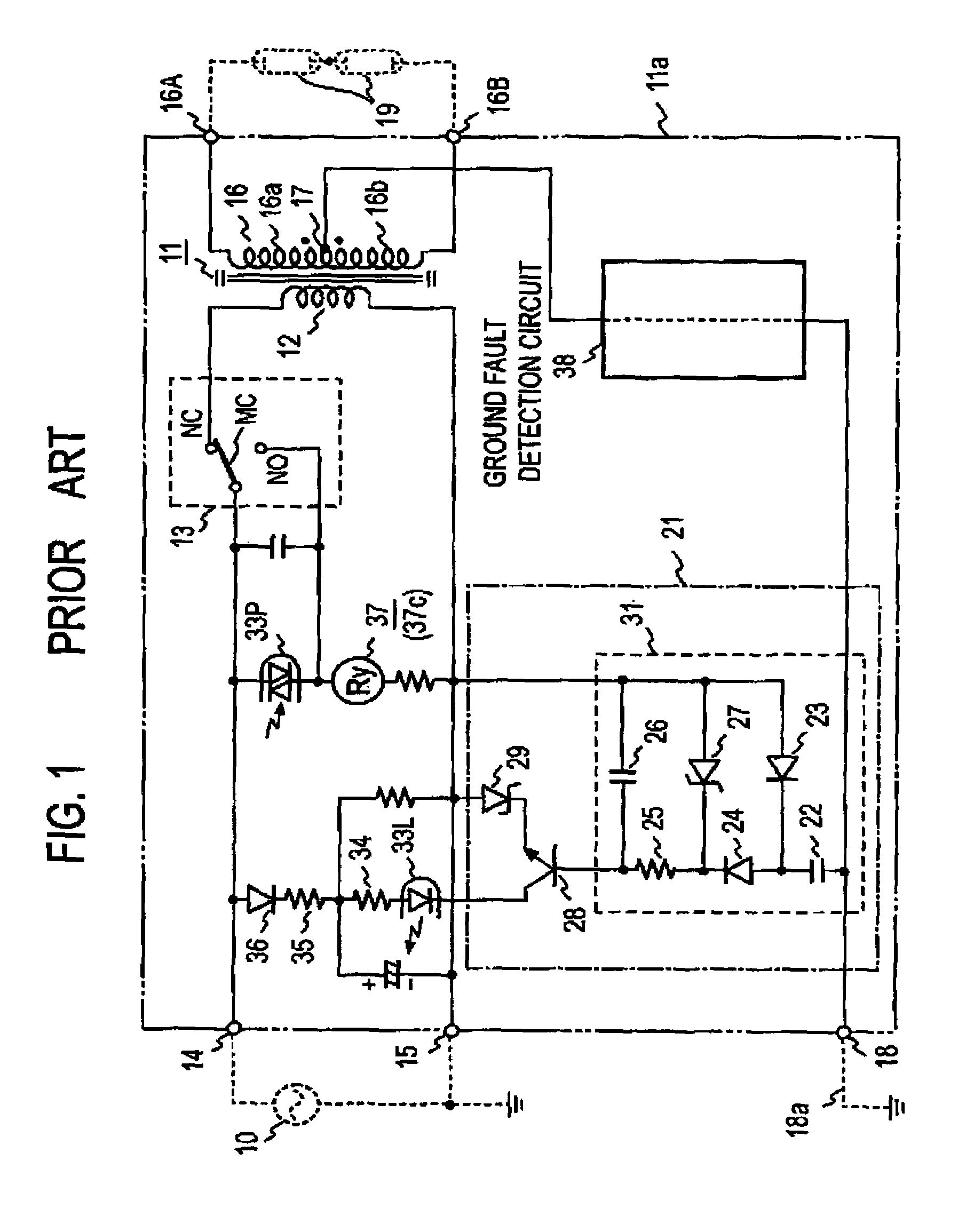 Discharge tube lighting transformer with protective circuit against non-grounding of ground terminal