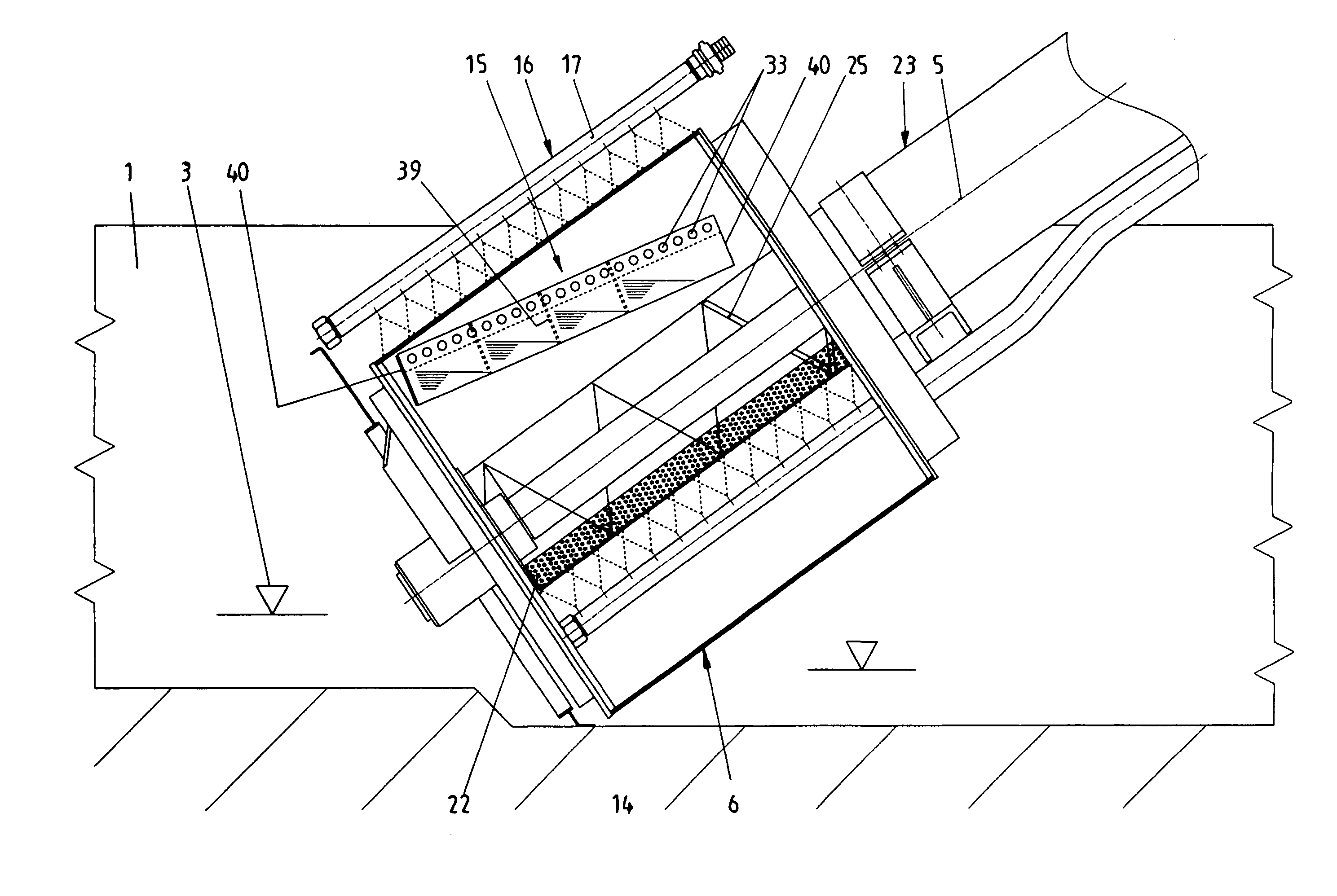 Apparatus for removing material from a liquid flowing through a channel