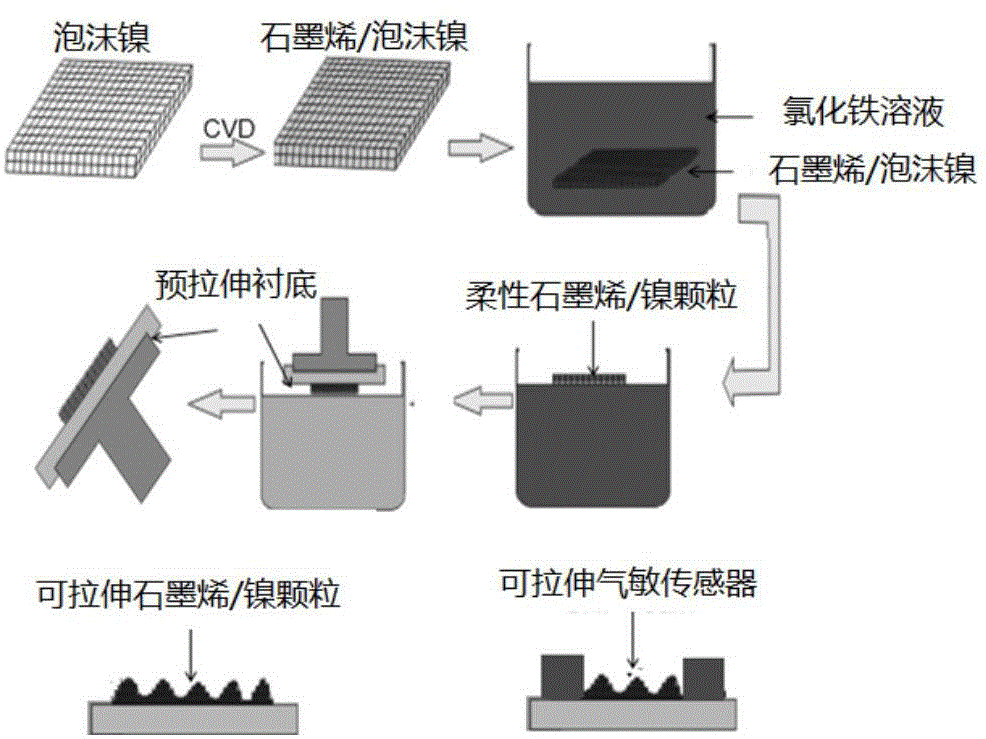 Preparation method of spongy graphene-based stretchable gas sensor