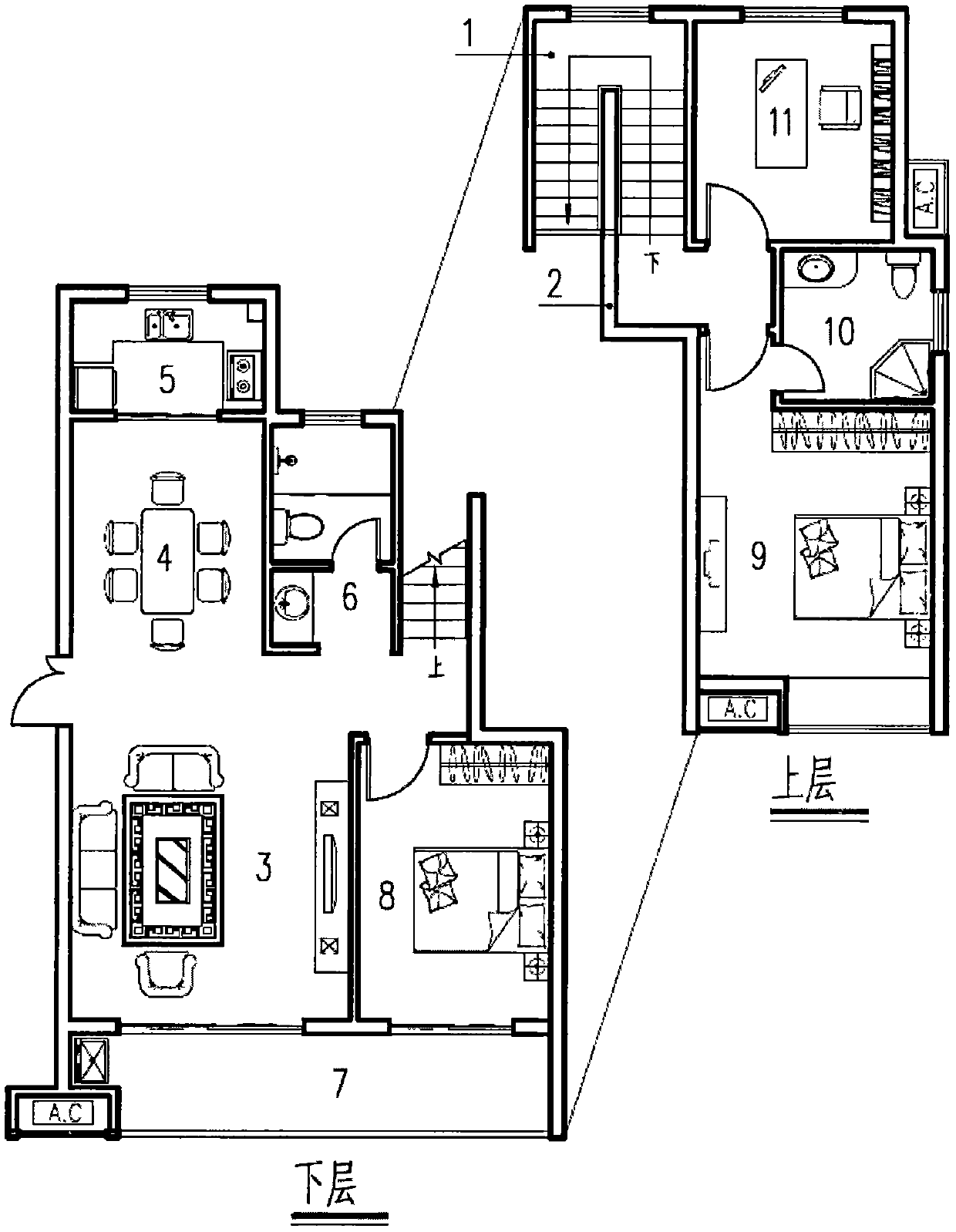 Upper and lower floor staggered floor duplex house type