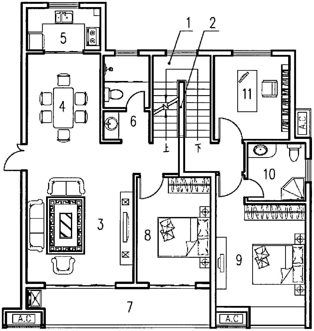 Upper and lower floor staggered floor duplex house type