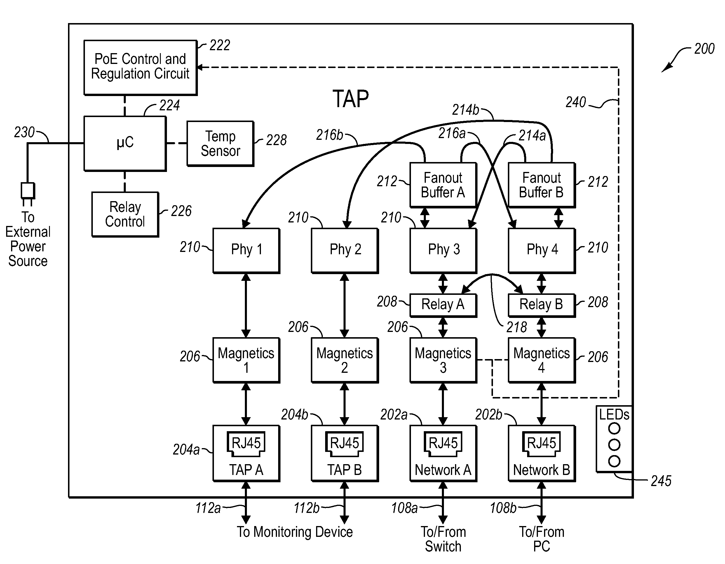 Network tap/aggregator configured for power over ethernet operation
