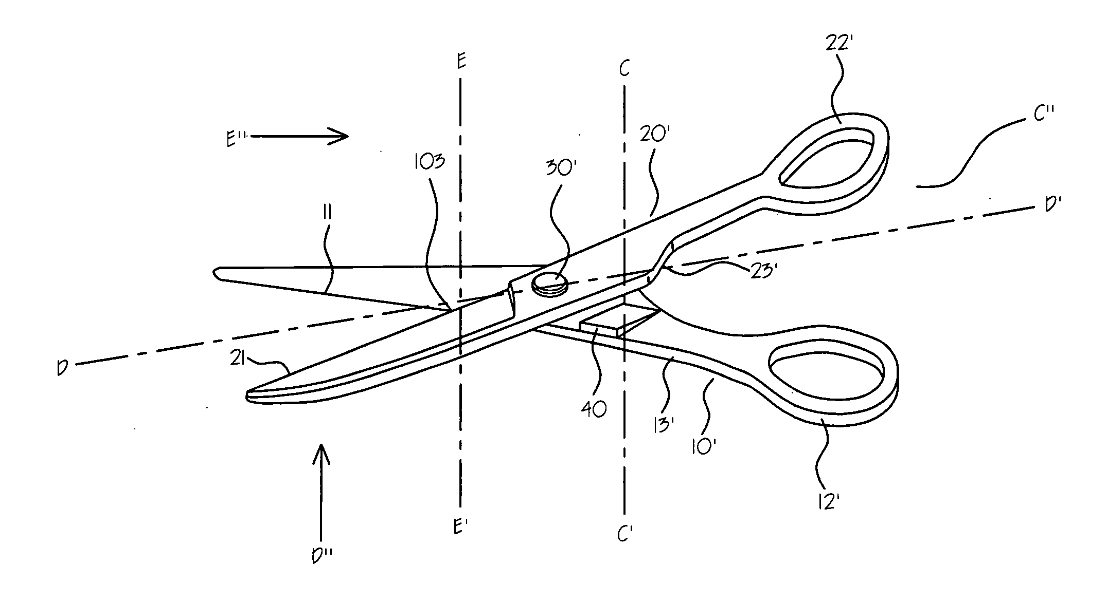 Scissors with a blade having a tapered center for hinge