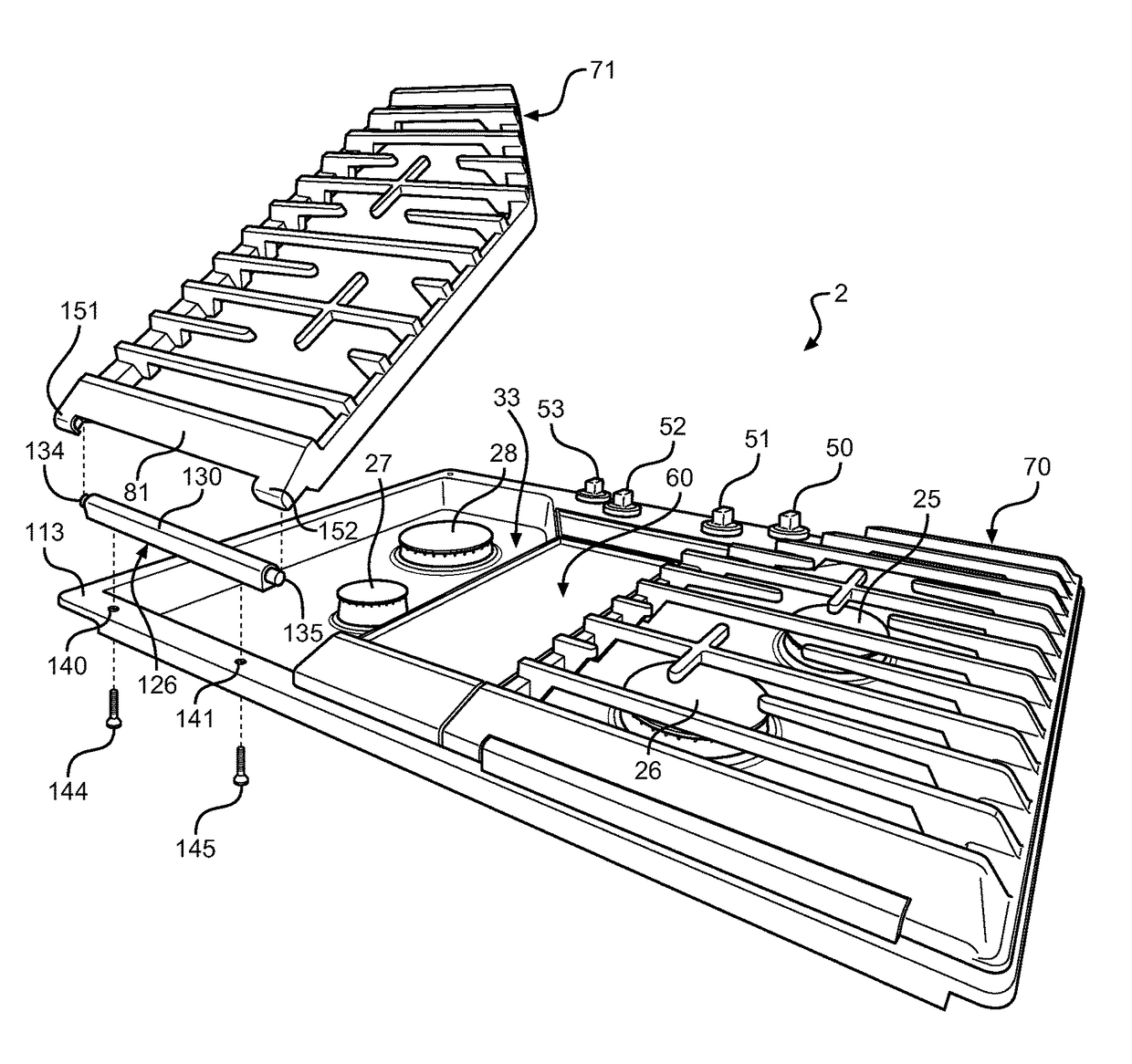 Hinged cooktop grate assembly