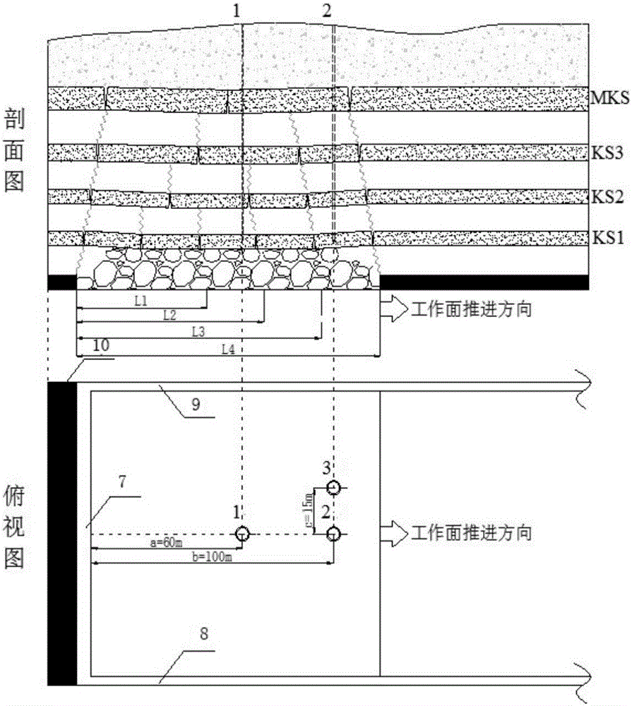 Mining overburden rock motion law in-situ observation drill hole layout method