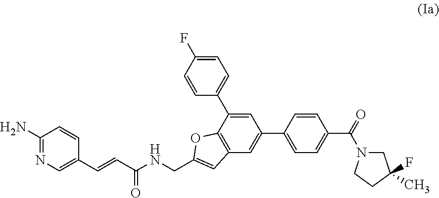 (S,E)-3-(6-aminopyridin-3-yl)-N-((5-(4-(3-fluoro-3-methylpyrrolidine-1-carbonyl)phenyl-7-(4-fluorophenyl)benzofuran-2-yl)methyl)acrylamide for the treatment of cancer