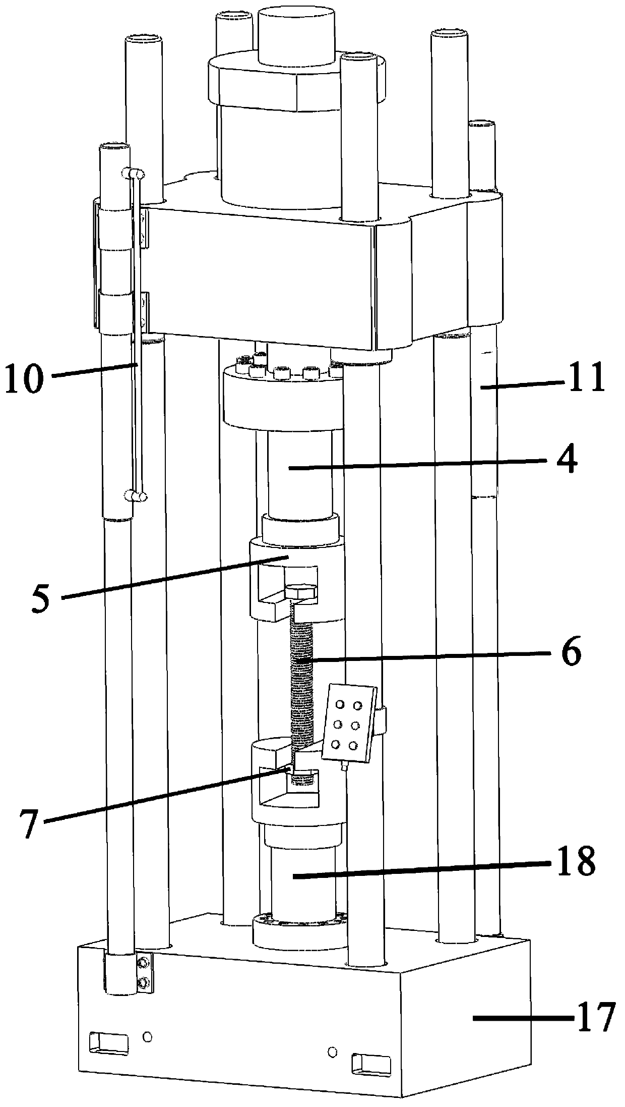 Fatigue performance testing device and method for bolt bearing large load at low temperature