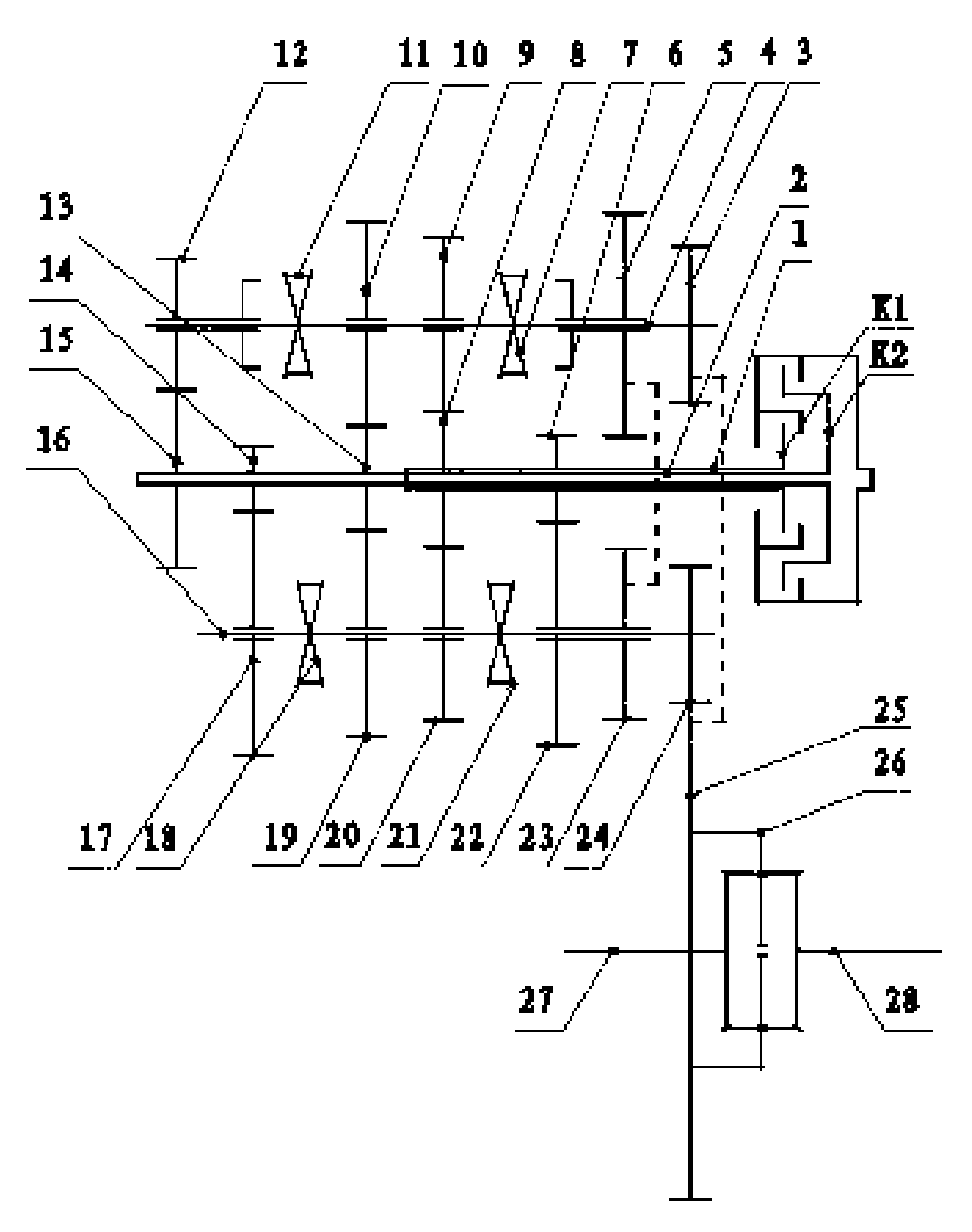 Double-clutch automatic transmission without reverse gear shaft