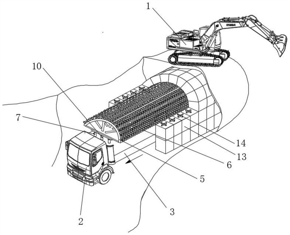 Construction method and construction device of a buried arched building