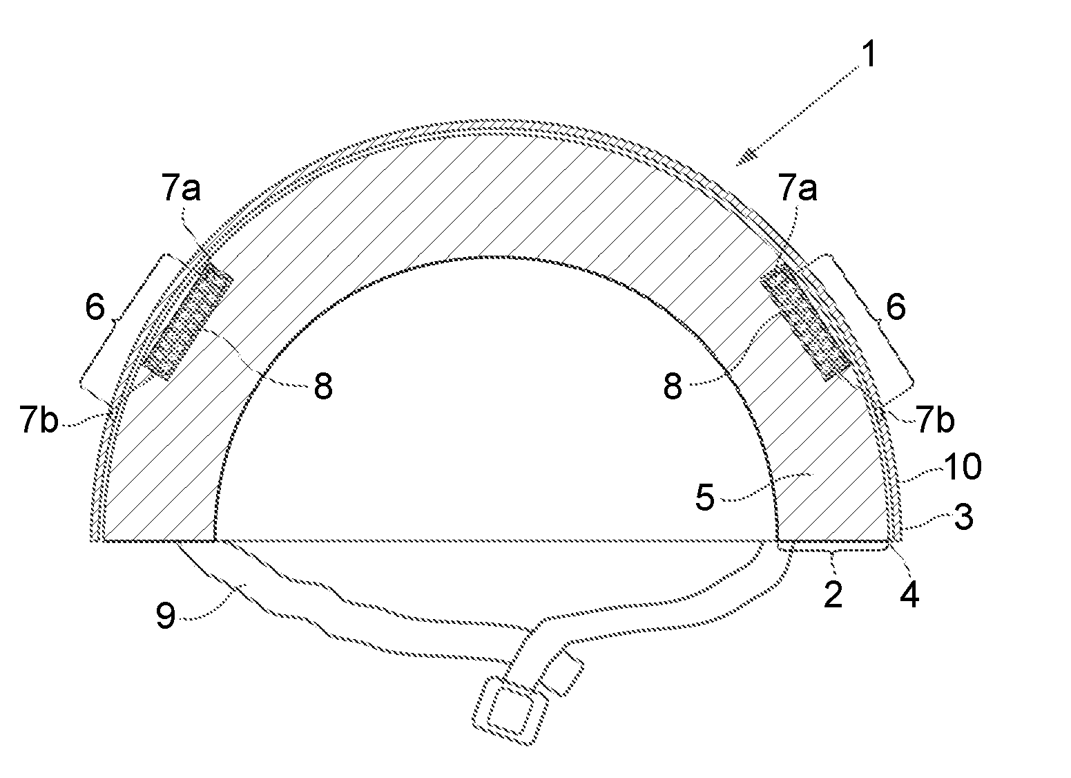 Connecting arrangement and helmet comprising such a connecting arrangement