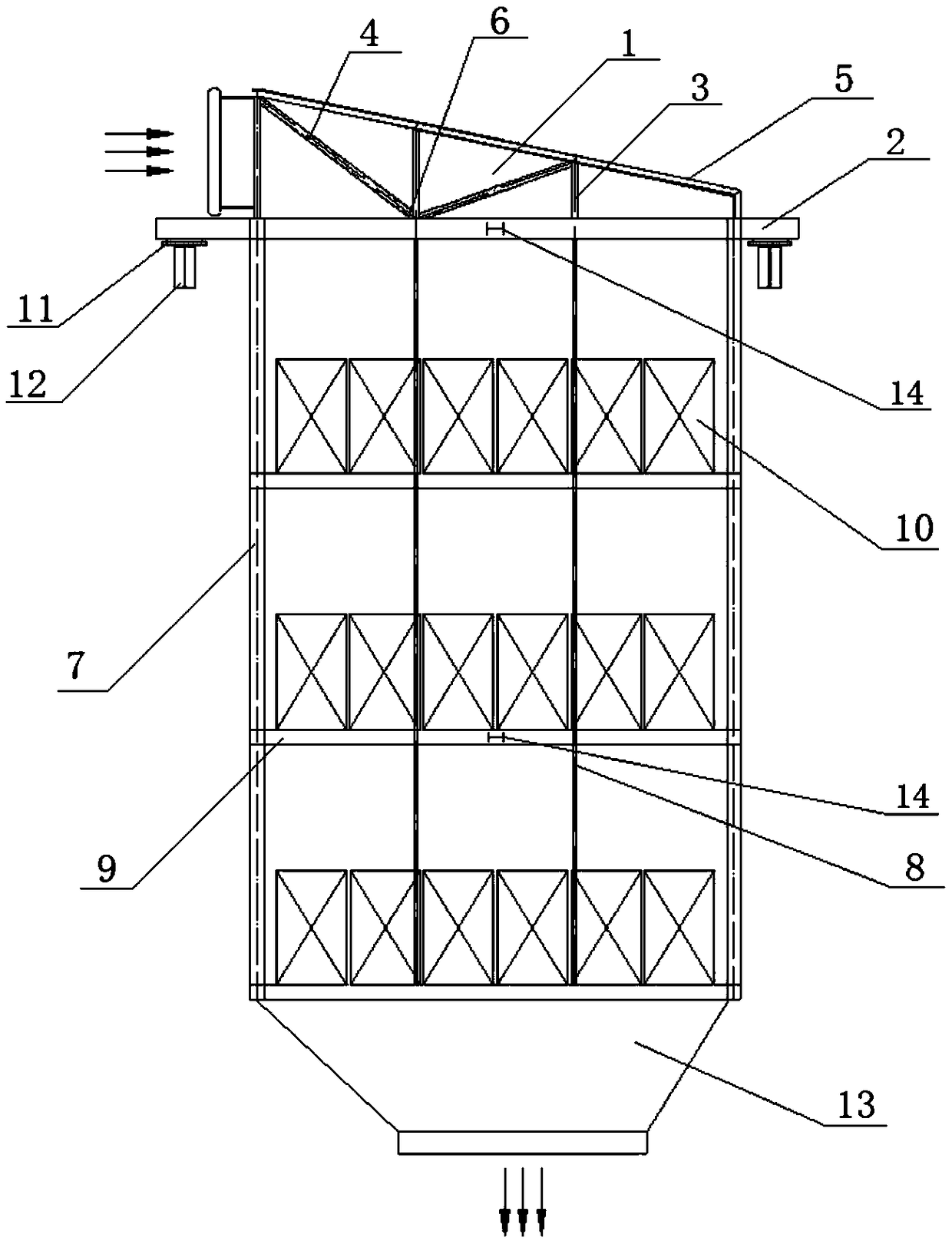 Inlet flue triangular truss suspension type denitration reactor device