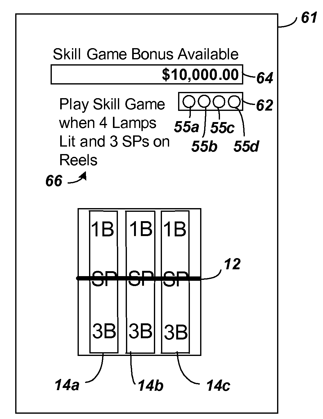 Skill game playable on a casino type display with game ending features including spinning reel up/down capability and a bonus game