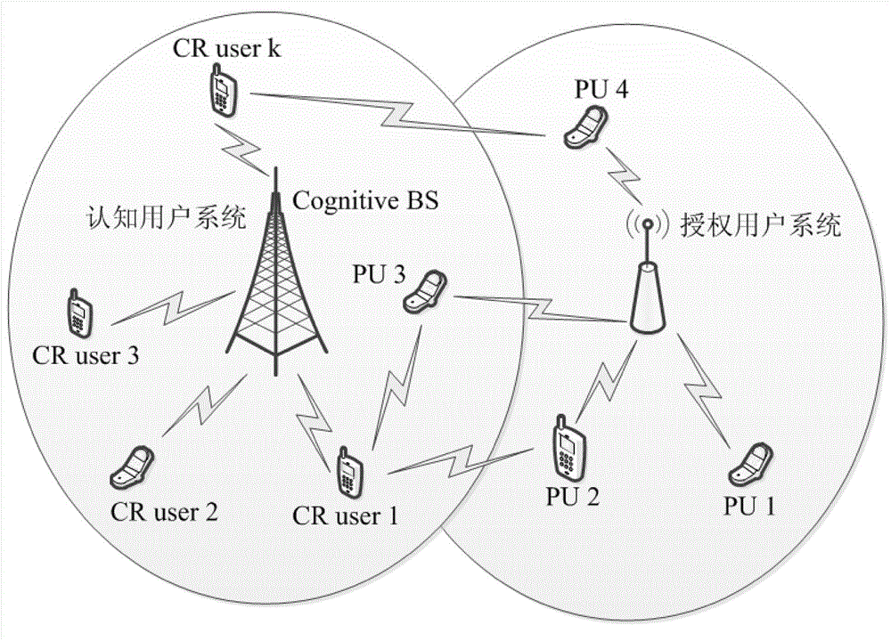 Cognitive network downlink resource allocation method based on LTE (long term evolution)