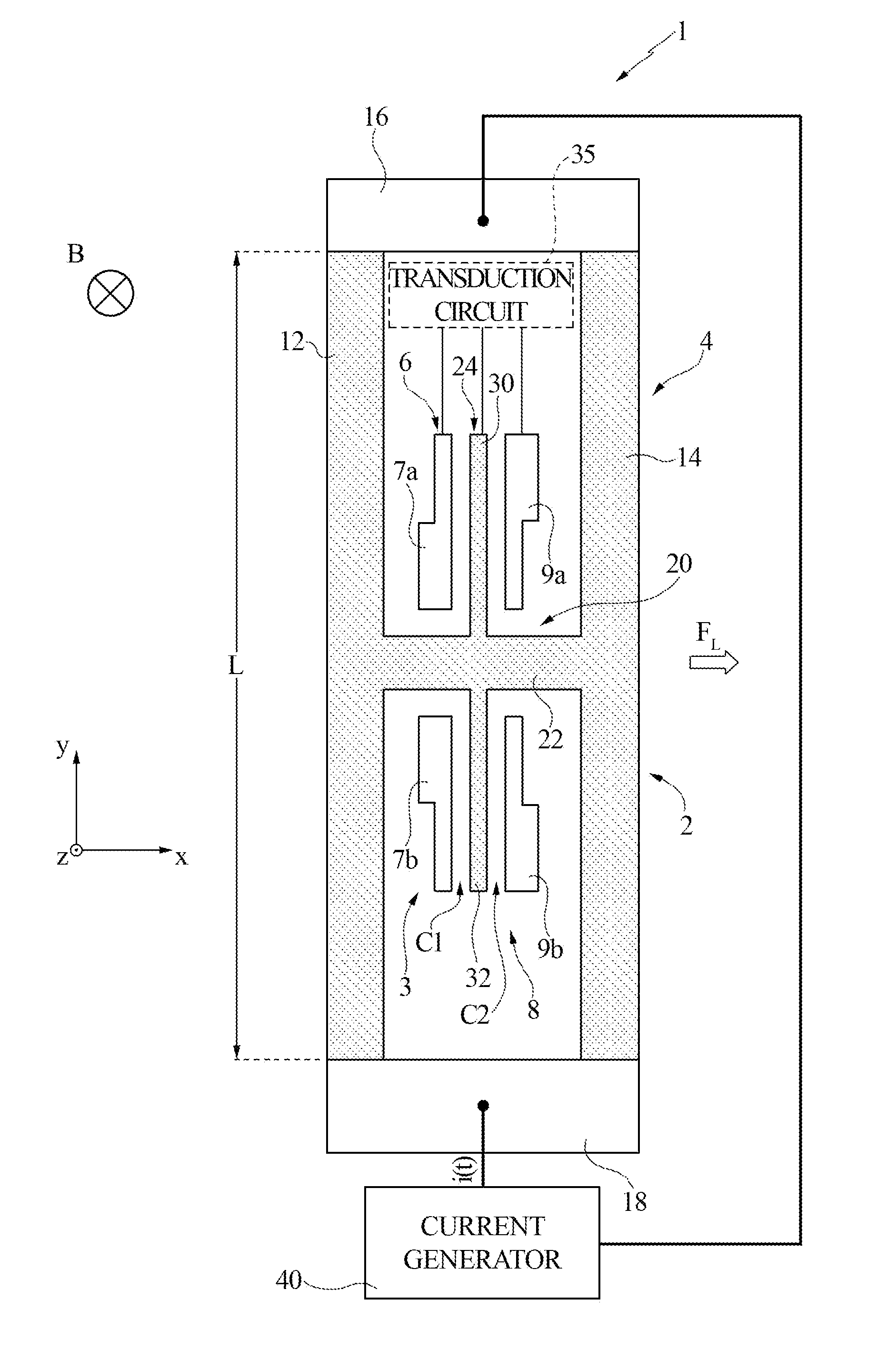 Magnetic sensor including a lorentz force transducer driven at a frequency different from the resonance frequency, and method for driving a lorentz force transducer