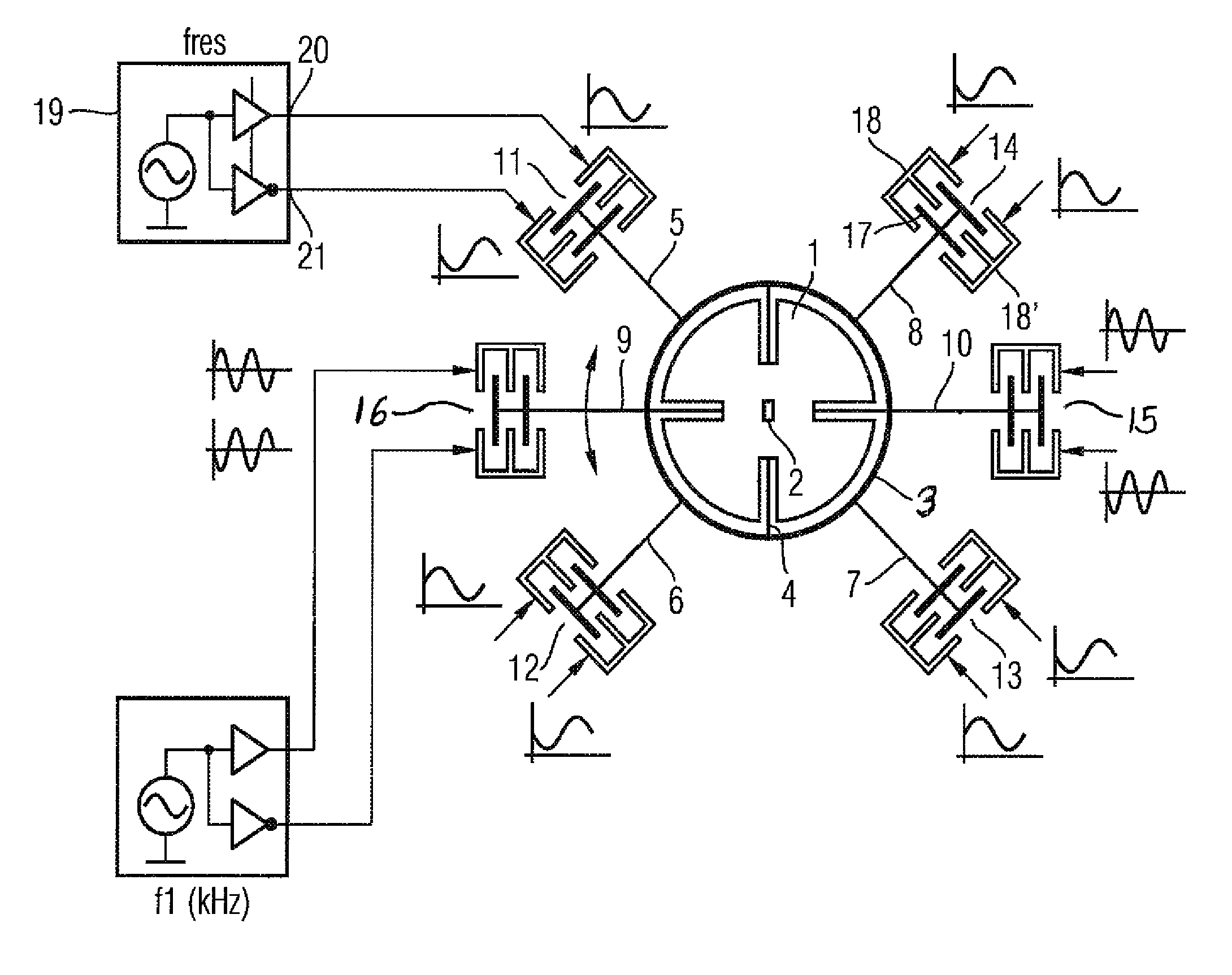 Arrangement for measuring a rate of rotation using a vibration sensor