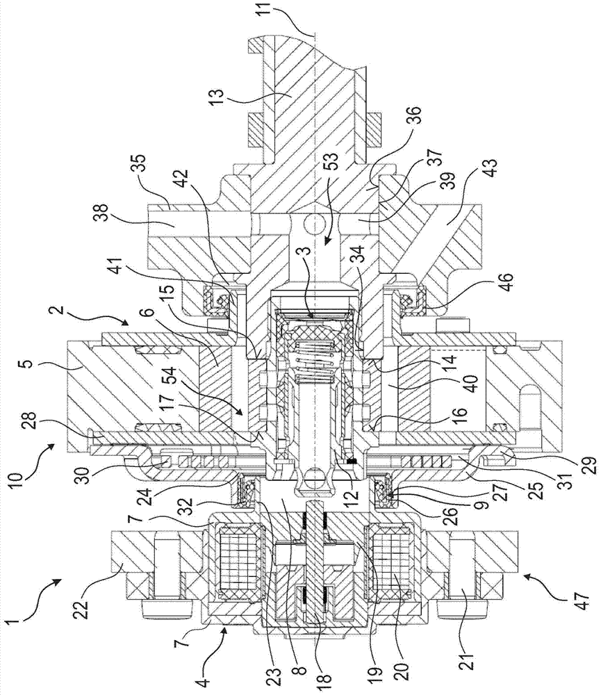 Connection of adjustment actuator with centre valve system for dry belt-type transmission element