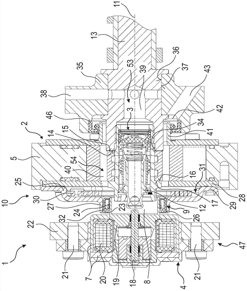 Connection of adjustment actuator with centre valve system for dry belt-type transmission element