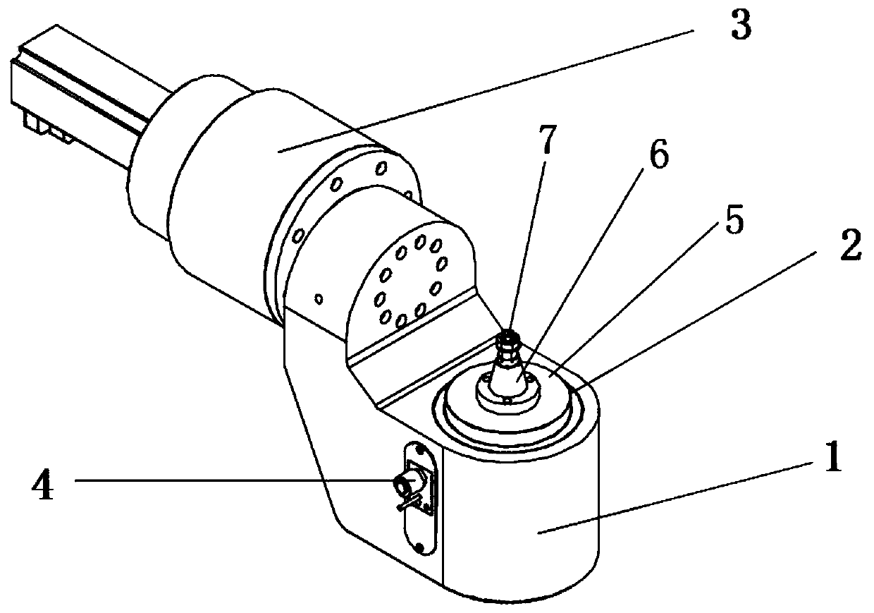 Cantilever-type five-shaft rocker arm rotating device with harmonic speed reducer