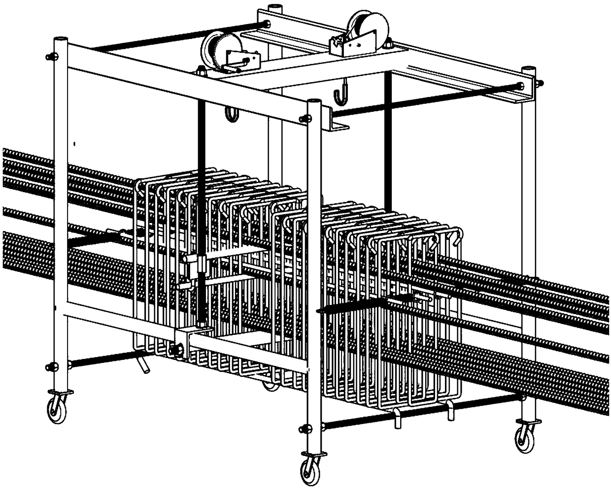 Cast-in-place beam reinforcement cage binding installation multi-function trolley