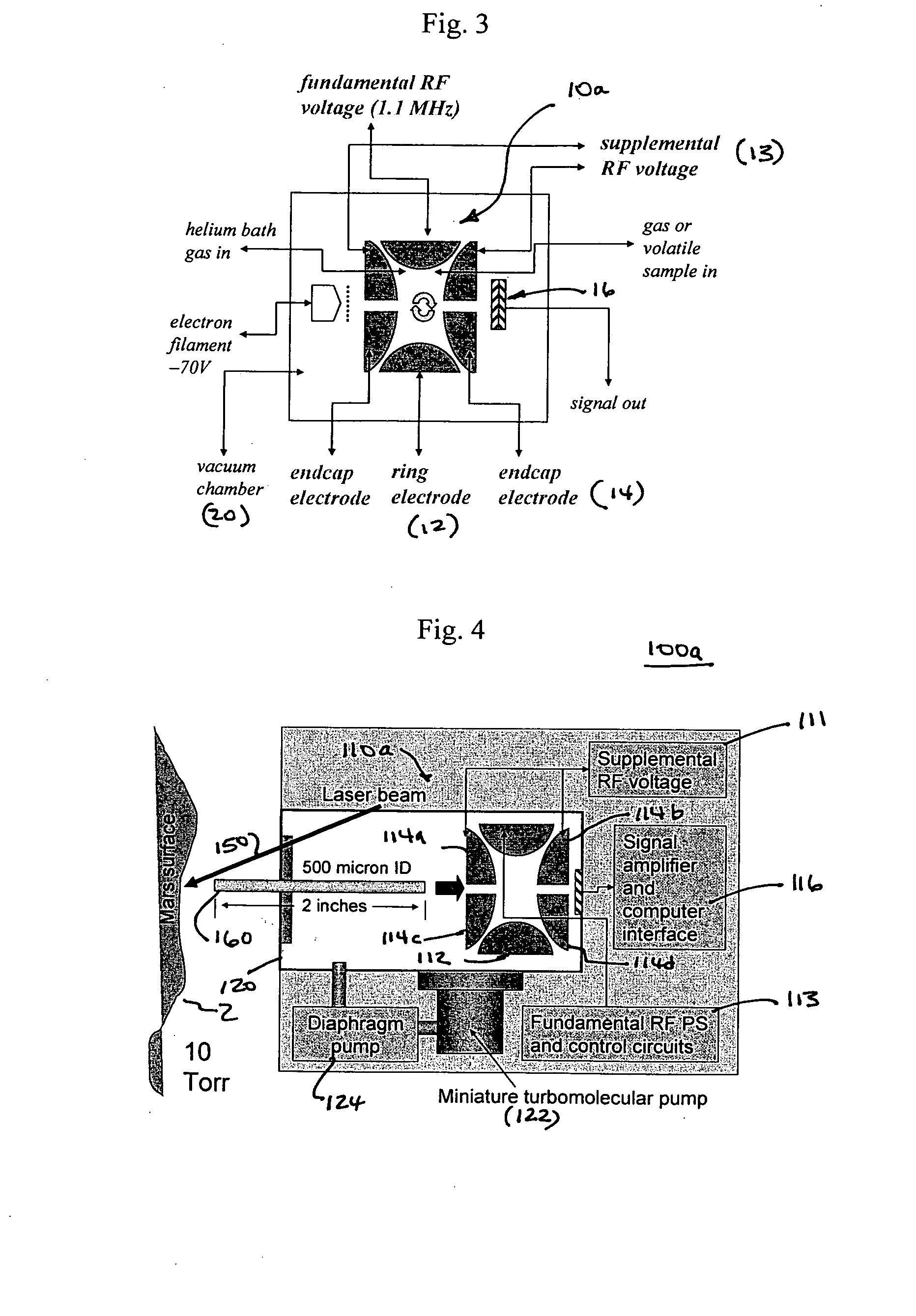 Low voltage, high mass range ion trap spectrometer and analyzing methods using such a device