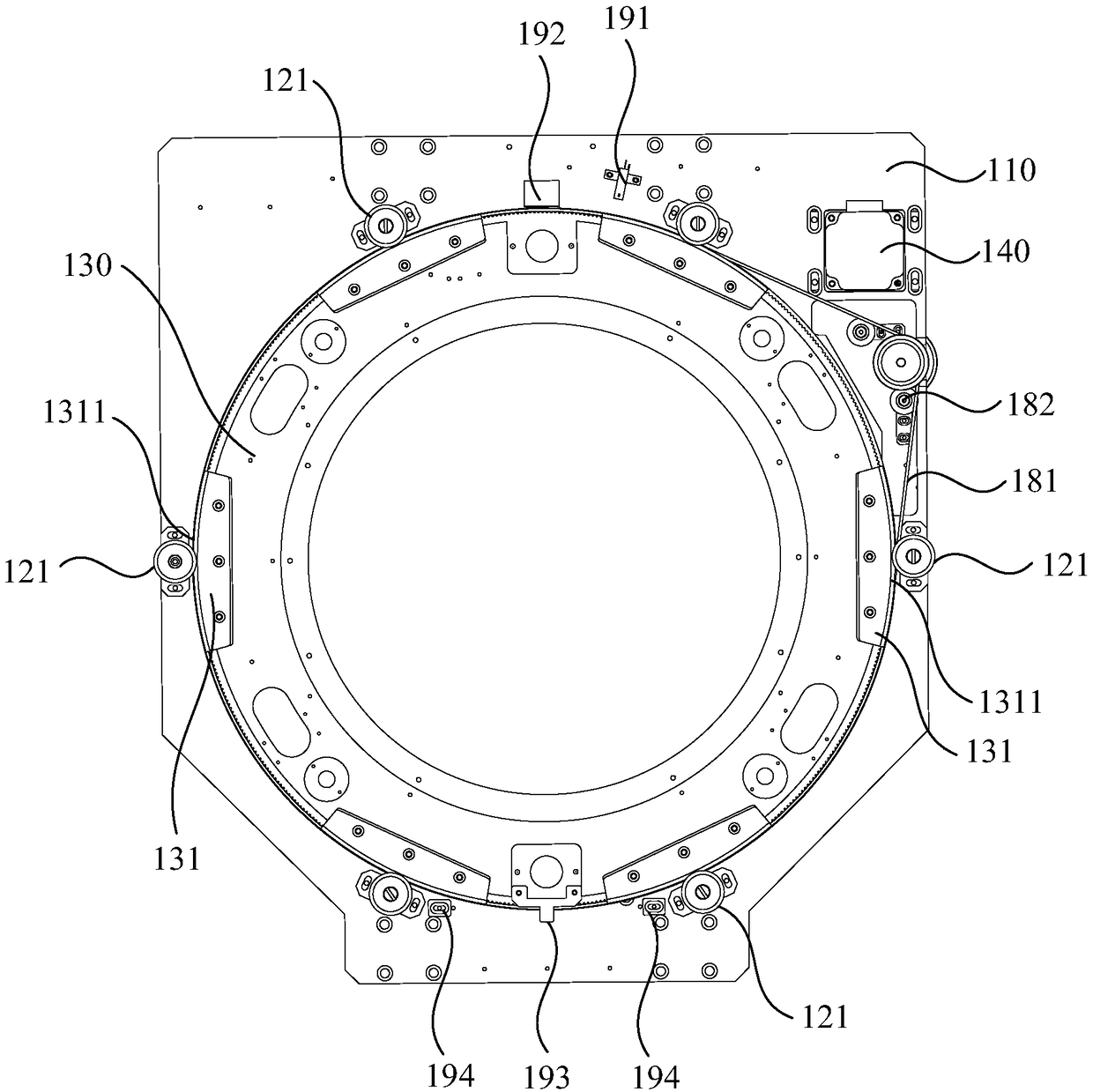 Packaging device and a tensioning and adjusting device of a wafer blue film thereof