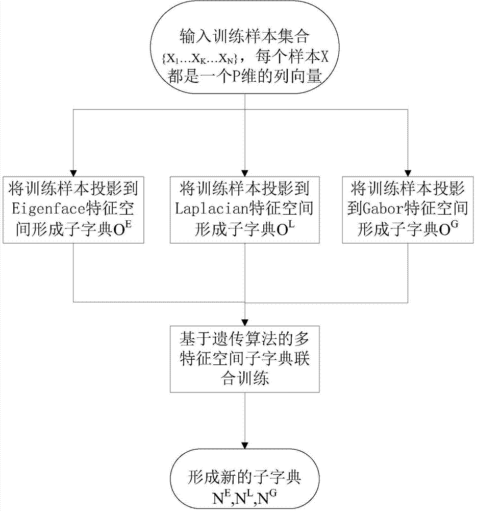 Joint training method of sub-dictionaries in multiple characteristic spaces and for face recognition