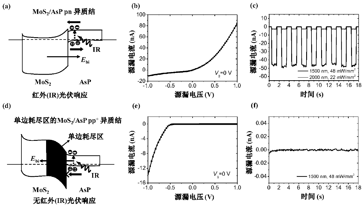 Efficient and rapid Van der Waals heterojunction detector with unilateral depletion region and preparation method