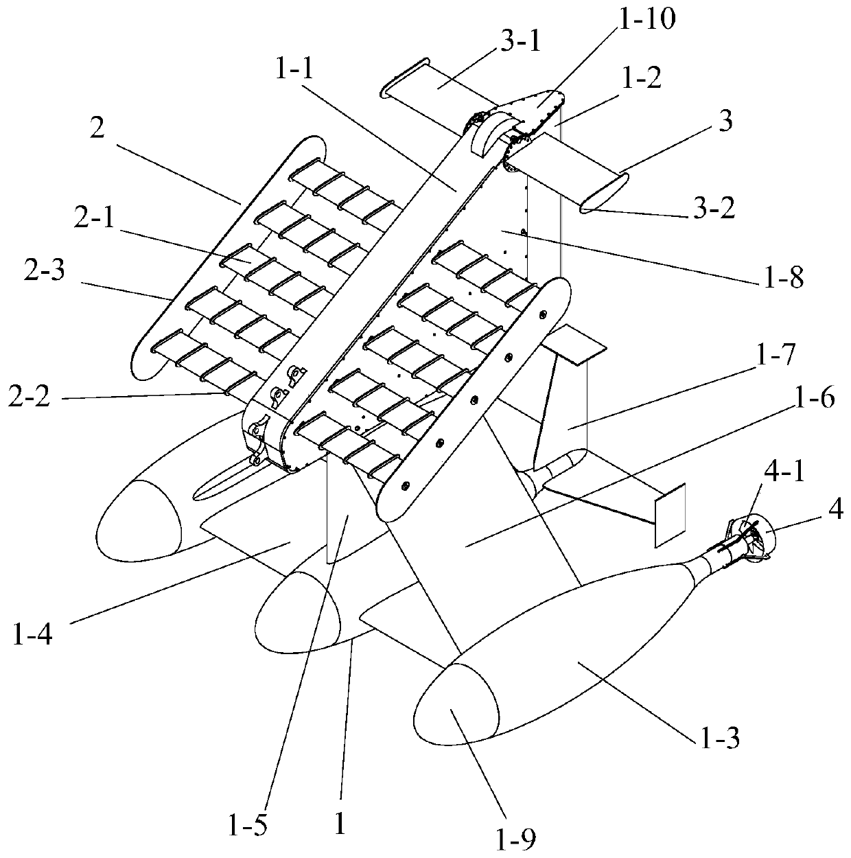 A multi-chamber underwater towed body controlled by louvered forced sinking hydrofoils with attitude stability