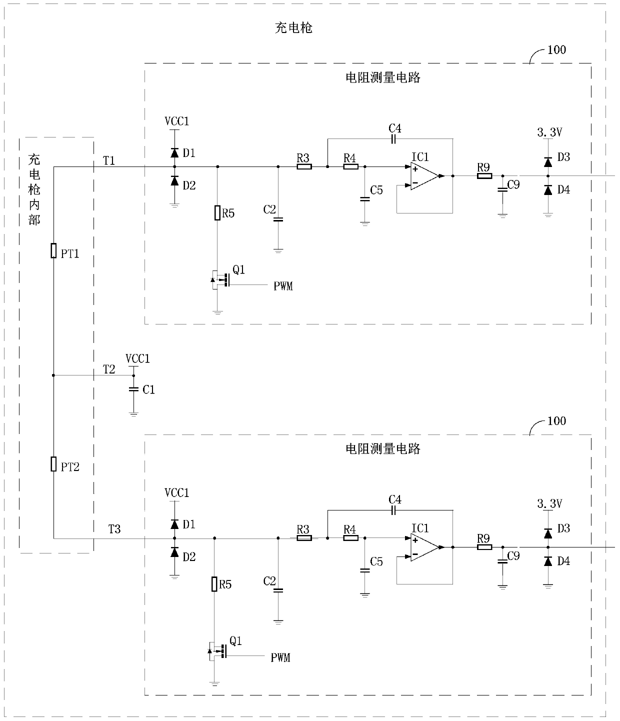 Resistance measuring circuit, temperature detecting circuit and charging gun