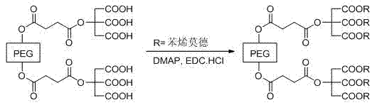 PEG/mPEG (Polyethylene Glycol) multi-carboxyl chemical modifying agent connected with citric acid, preparation method and application thereof in modification of toluylene compound