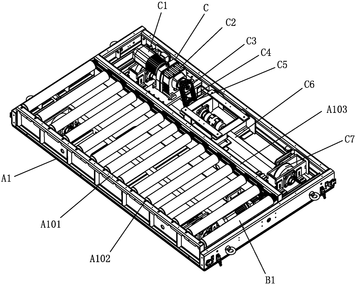 Rail guided trolley with transverse conveying function