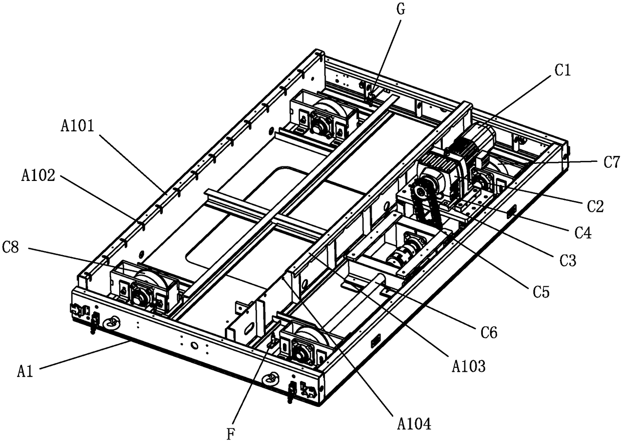 Rail guided trolley with transverse conveying function