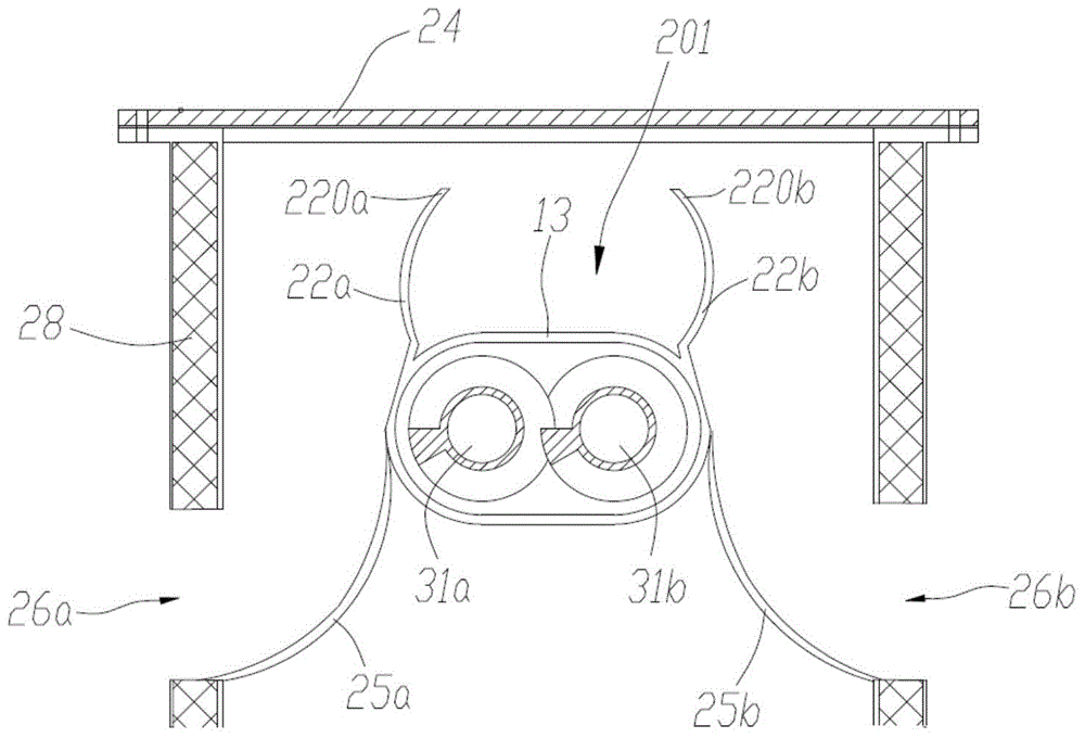 Material guide device with inward turned arc baffle plates and arc material guide plates