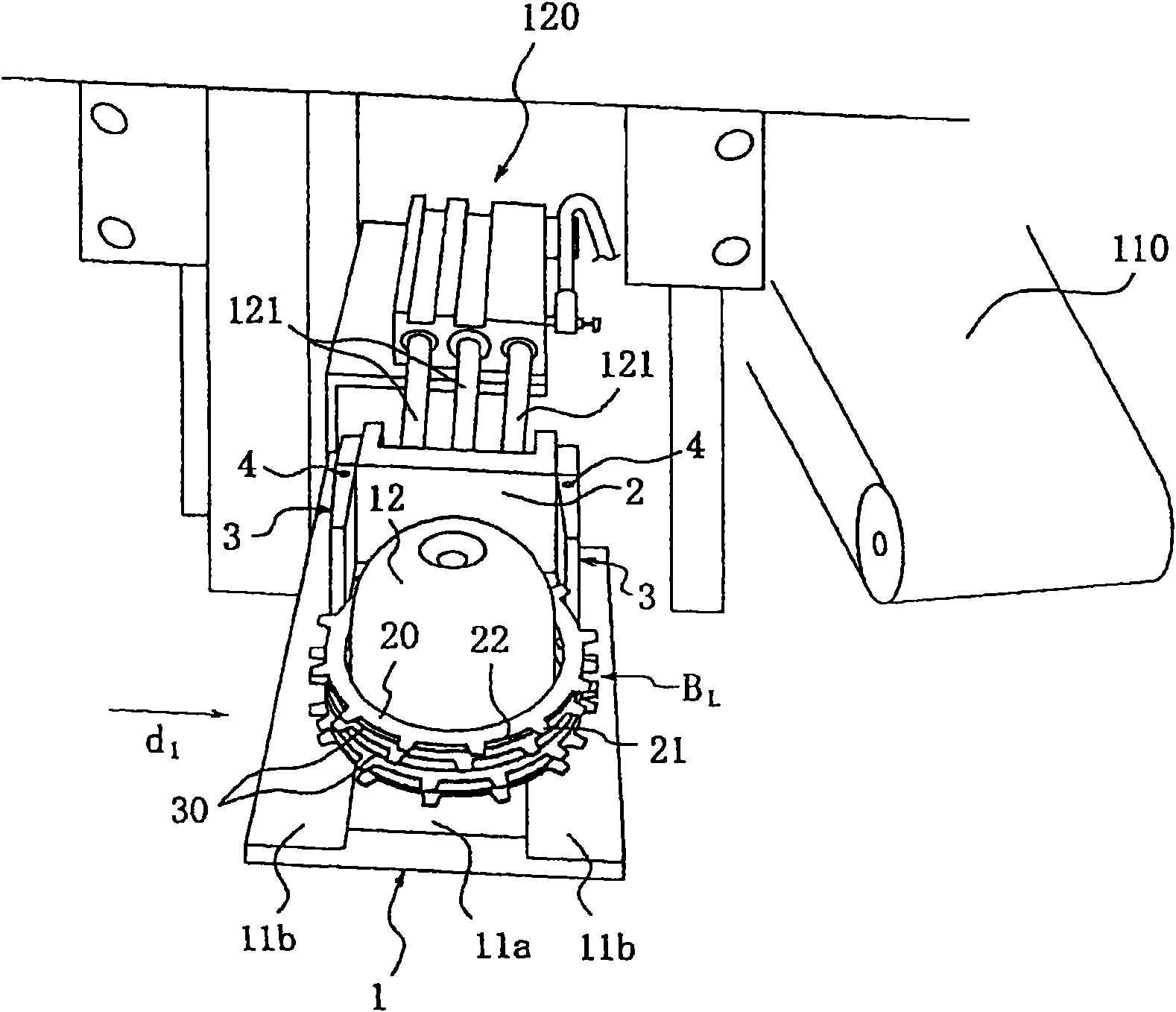 Handling device for laminating annular pad with a plurality of external teeth