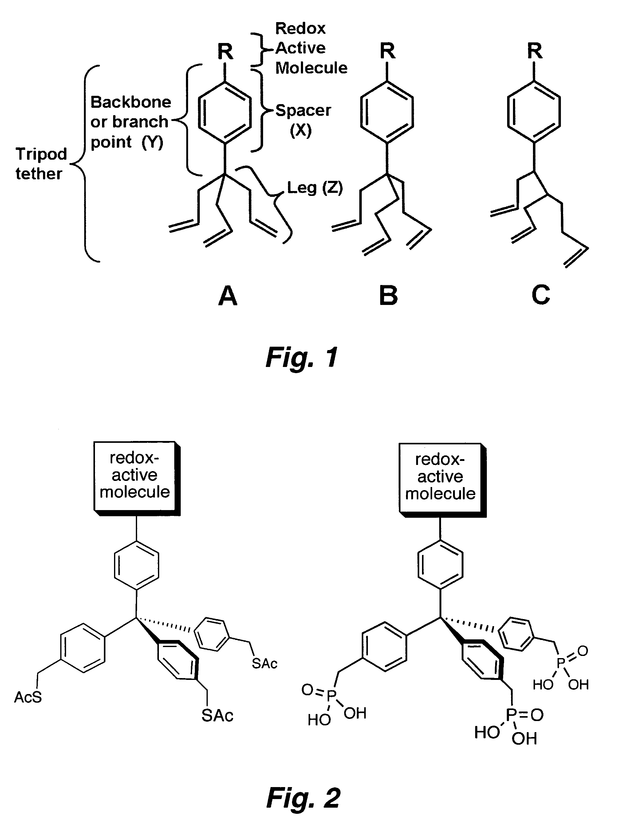 Multipodal tethers for high-density attachment of redox-active moieties to substrates