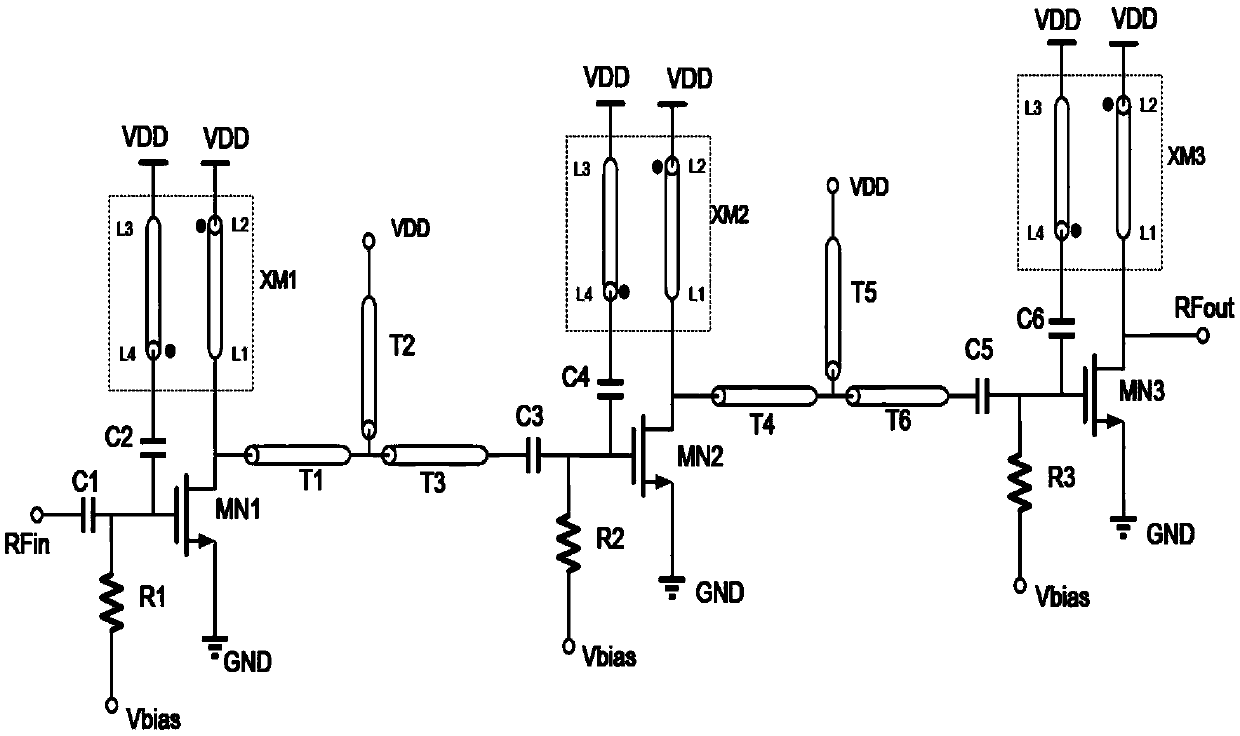 Millimeter-wave frequency band amplifier based on transmission line coupling effect voltage feedback neutralization