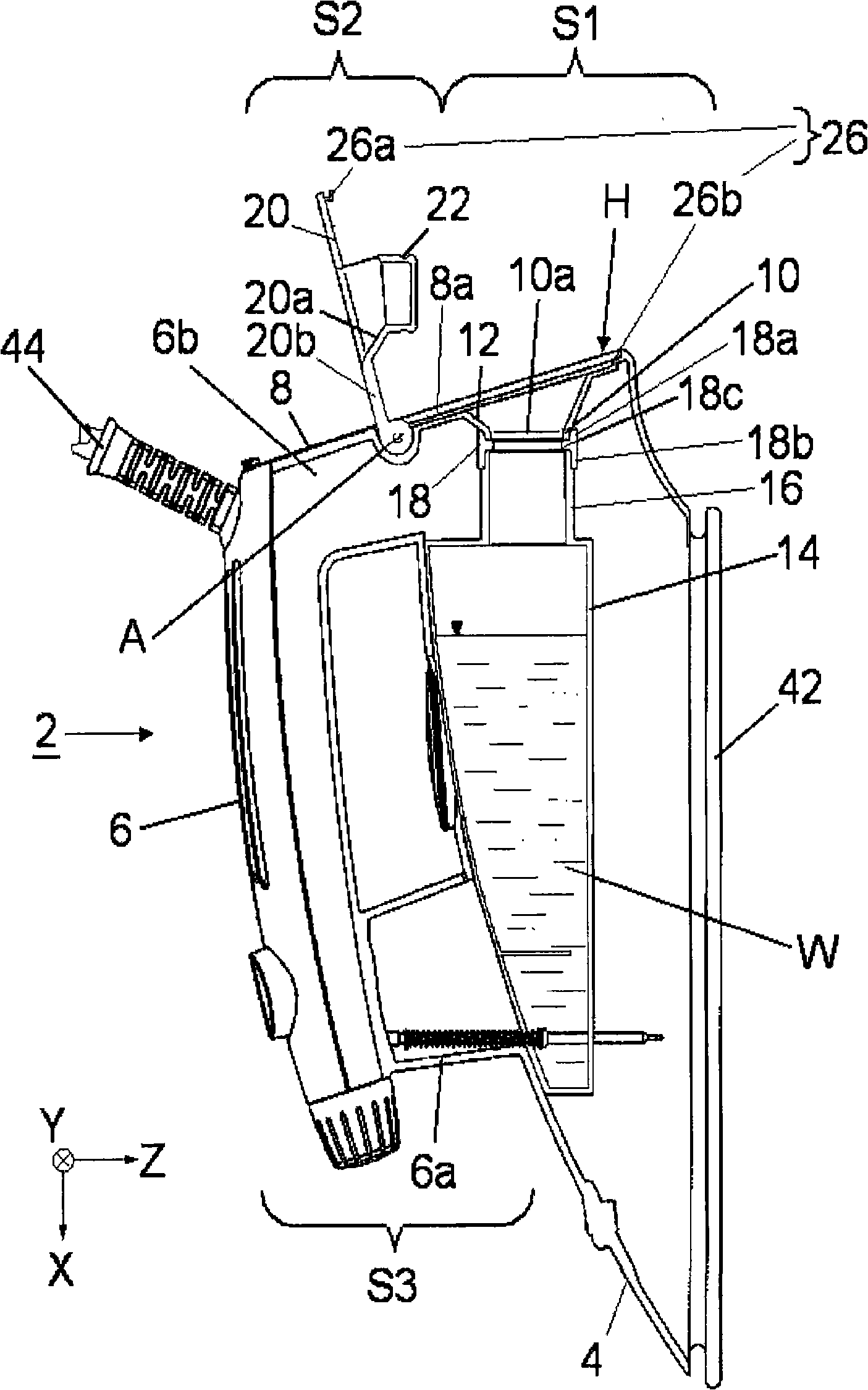 Steam ironing device comprising a rearward inlet