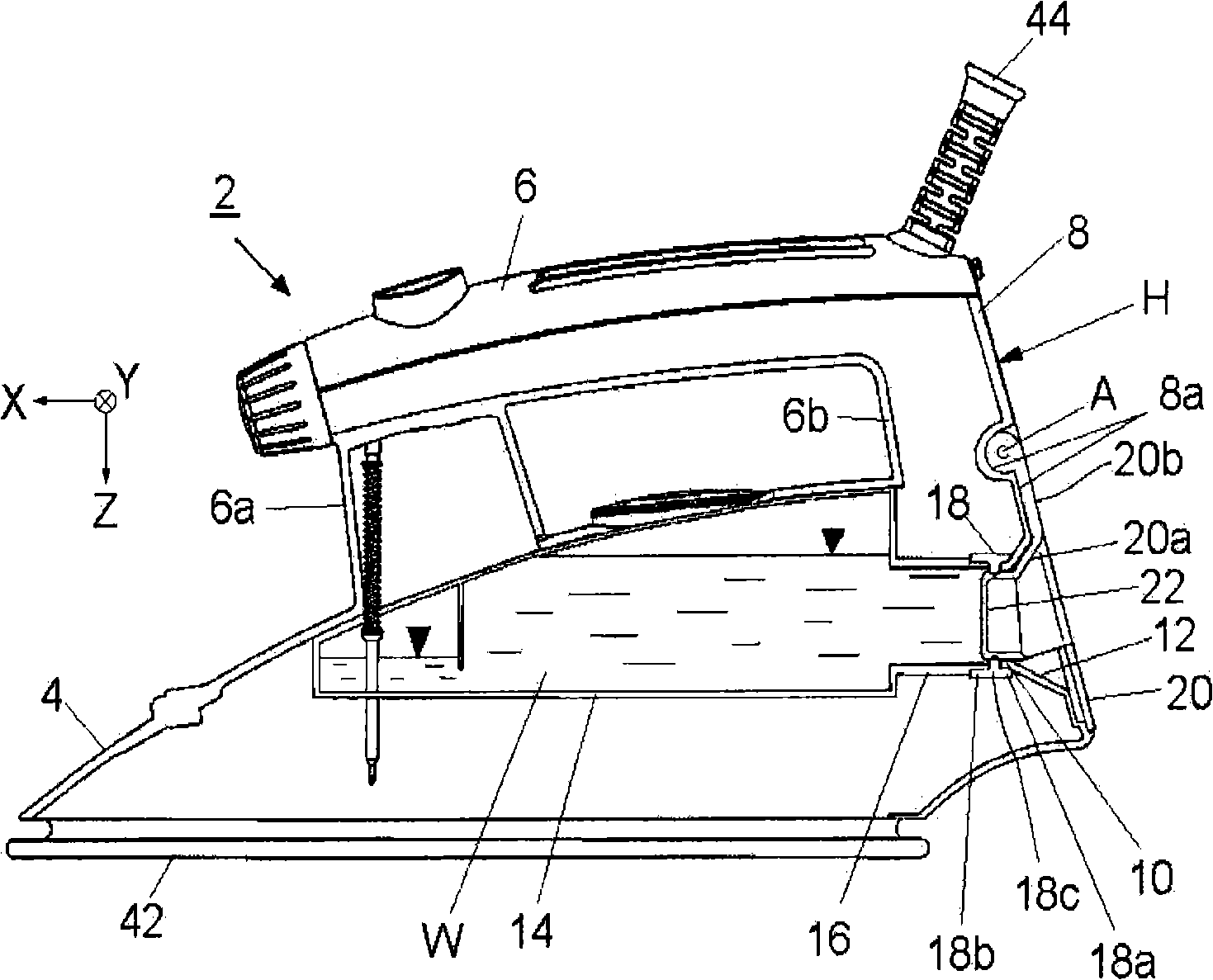 Steam ironing device comprising a rearward inlet