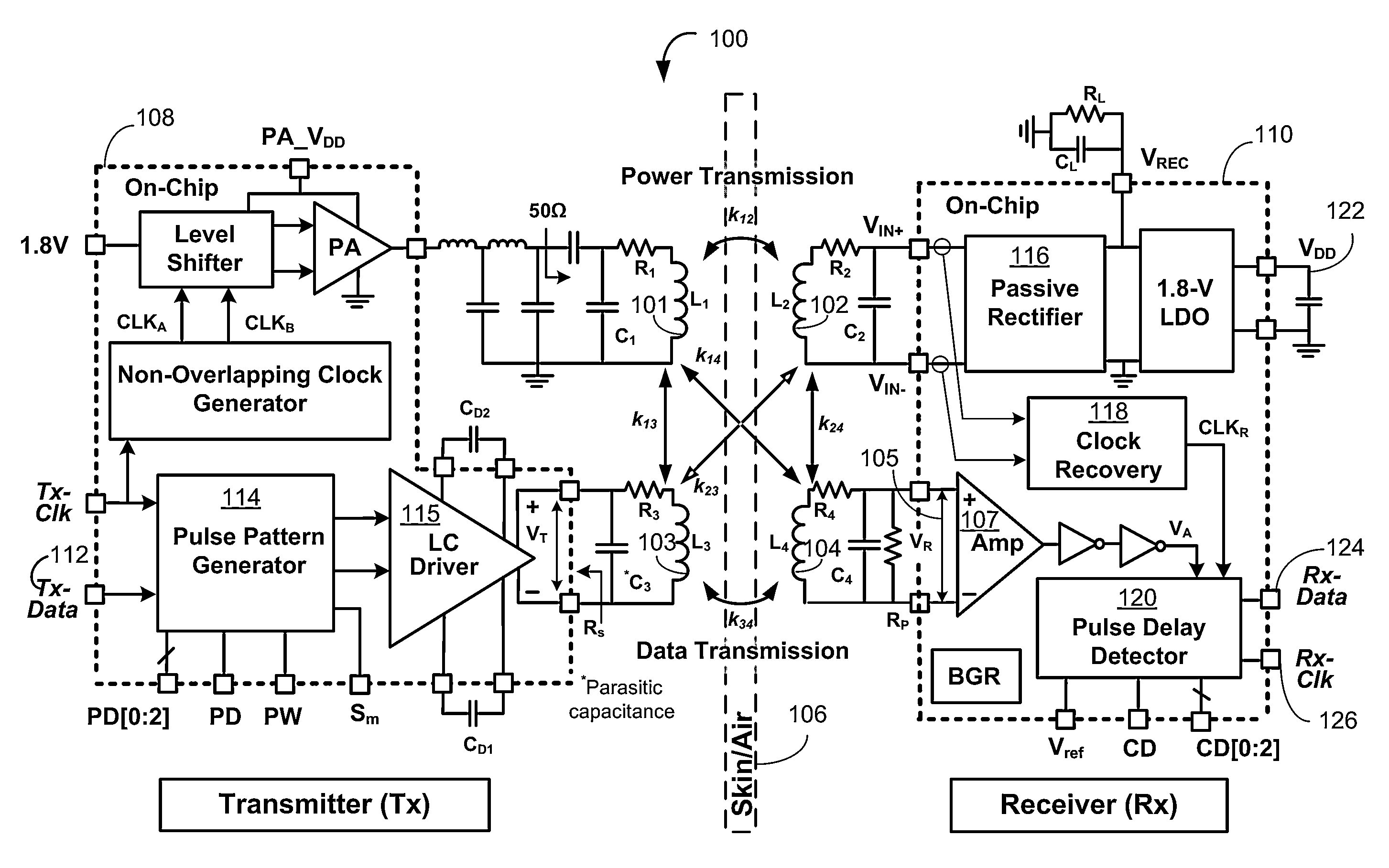 Wideband data and power transmission using pulse delay modulation