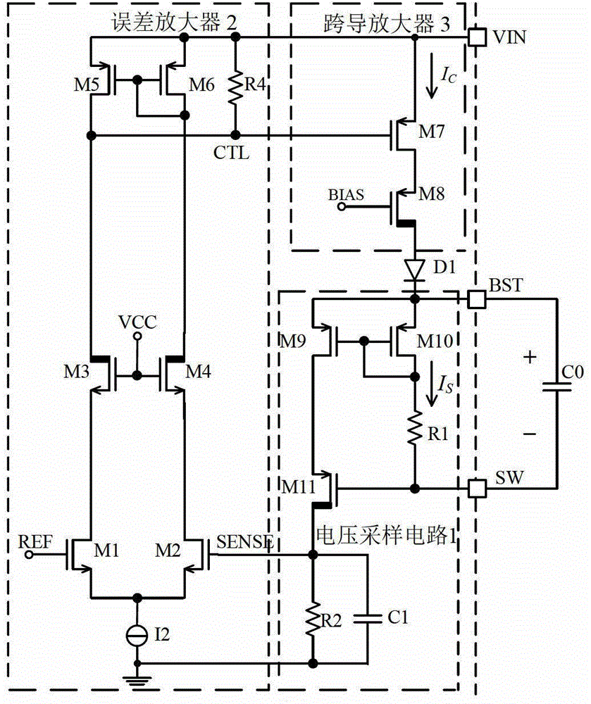 Bootstrap type charging circuit applied to high-voltage DC-DC (Direct Current-Direct Current) convertor