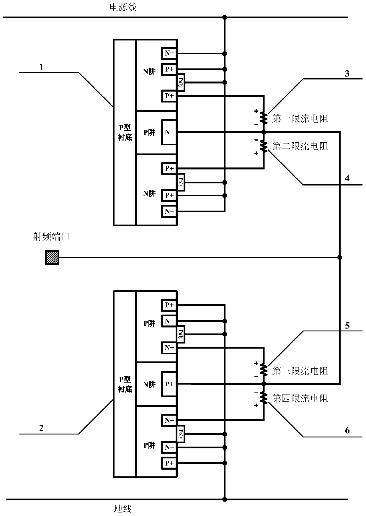 A thyristor circuit for electrostatic discharge protection of radio frequency port