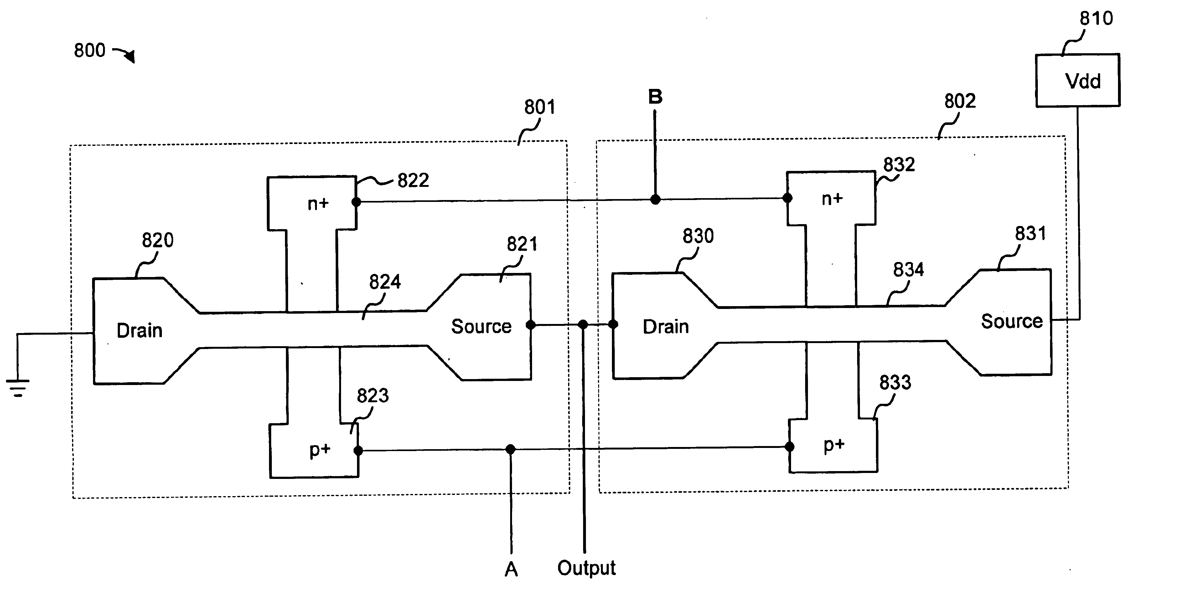 Two transistor NOR device