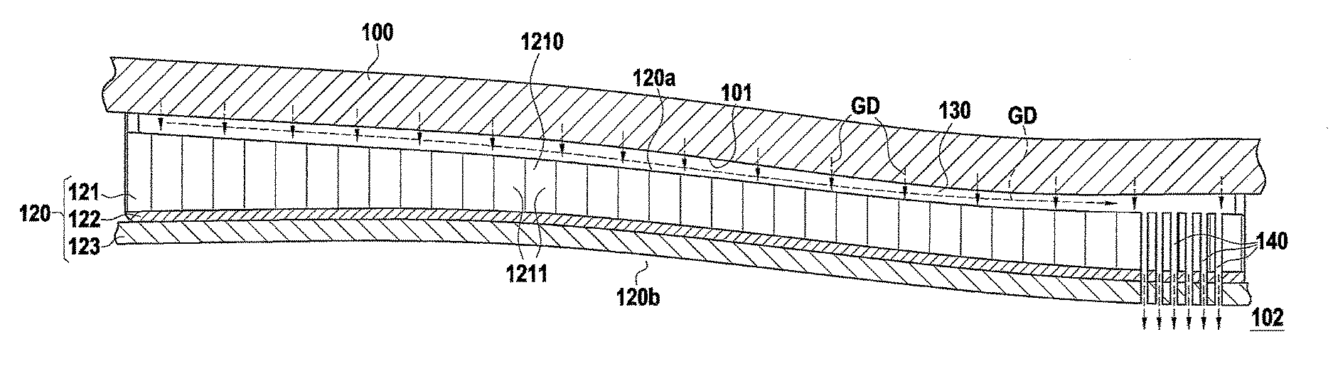 A casing made of organic matrix composite material that facilitates the discharge of smoke