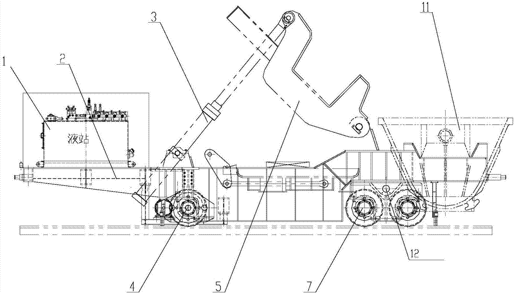 Hydraulic overturning steel ladle slag-pouring vehicle