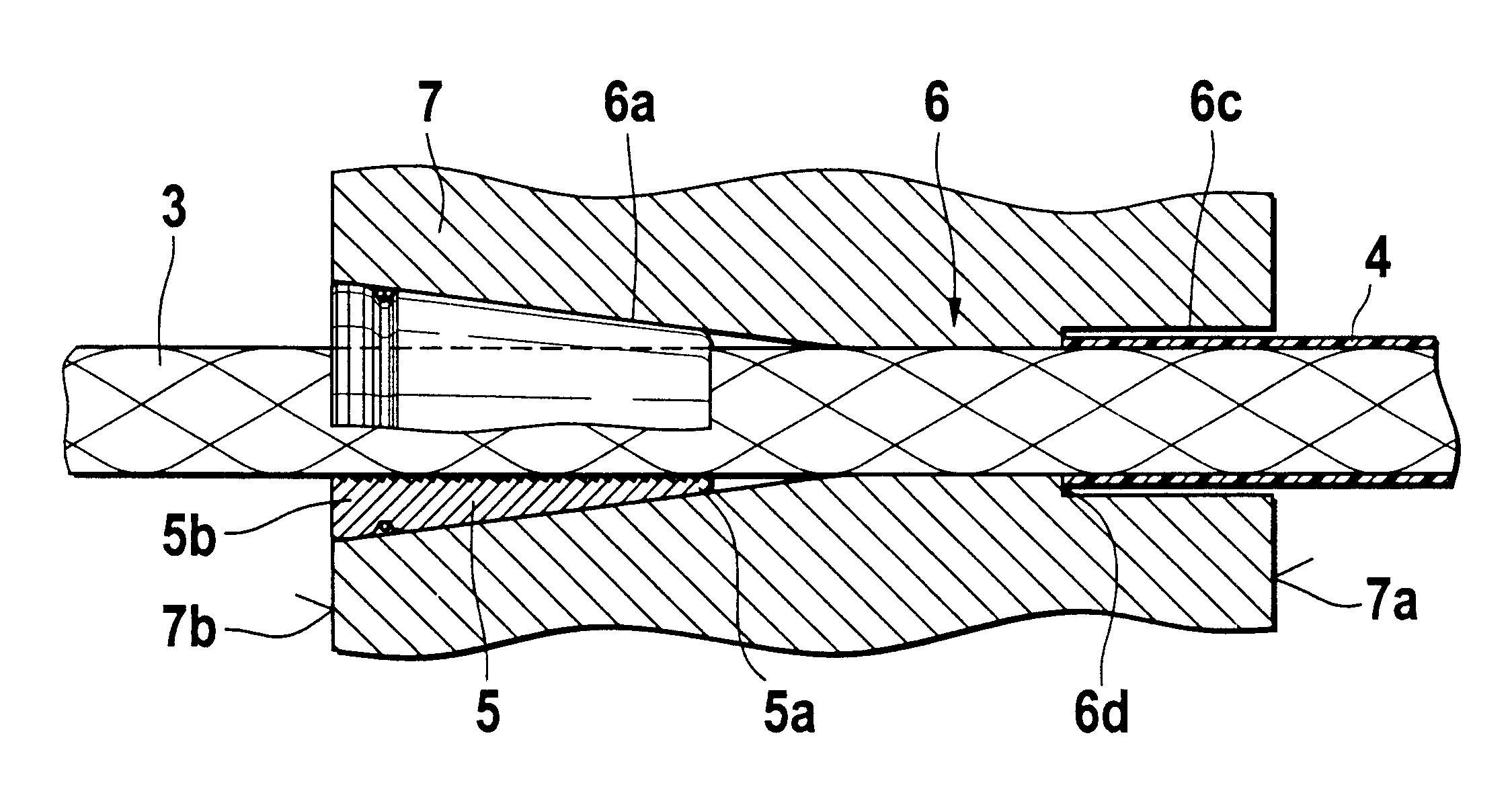 Process for the installation and tensioning of a brace having a false bearing, in particular a stay cable for a cable-stayed bridge and anchoring device with which to carry out the process