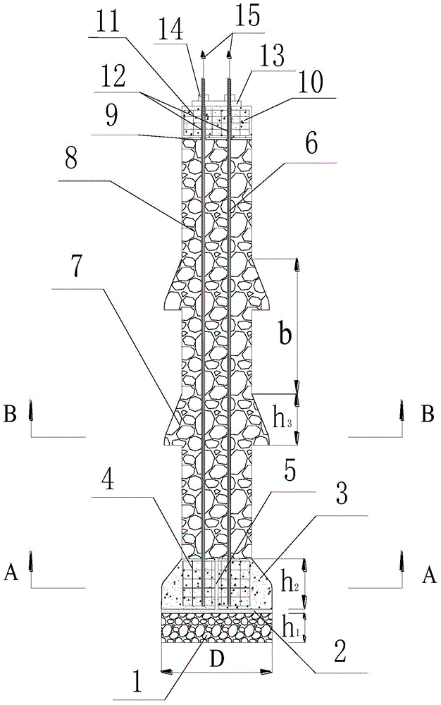 Bottom expanding-multisection side expanding anti-pull prestressed anchoring gravel pile and construction method