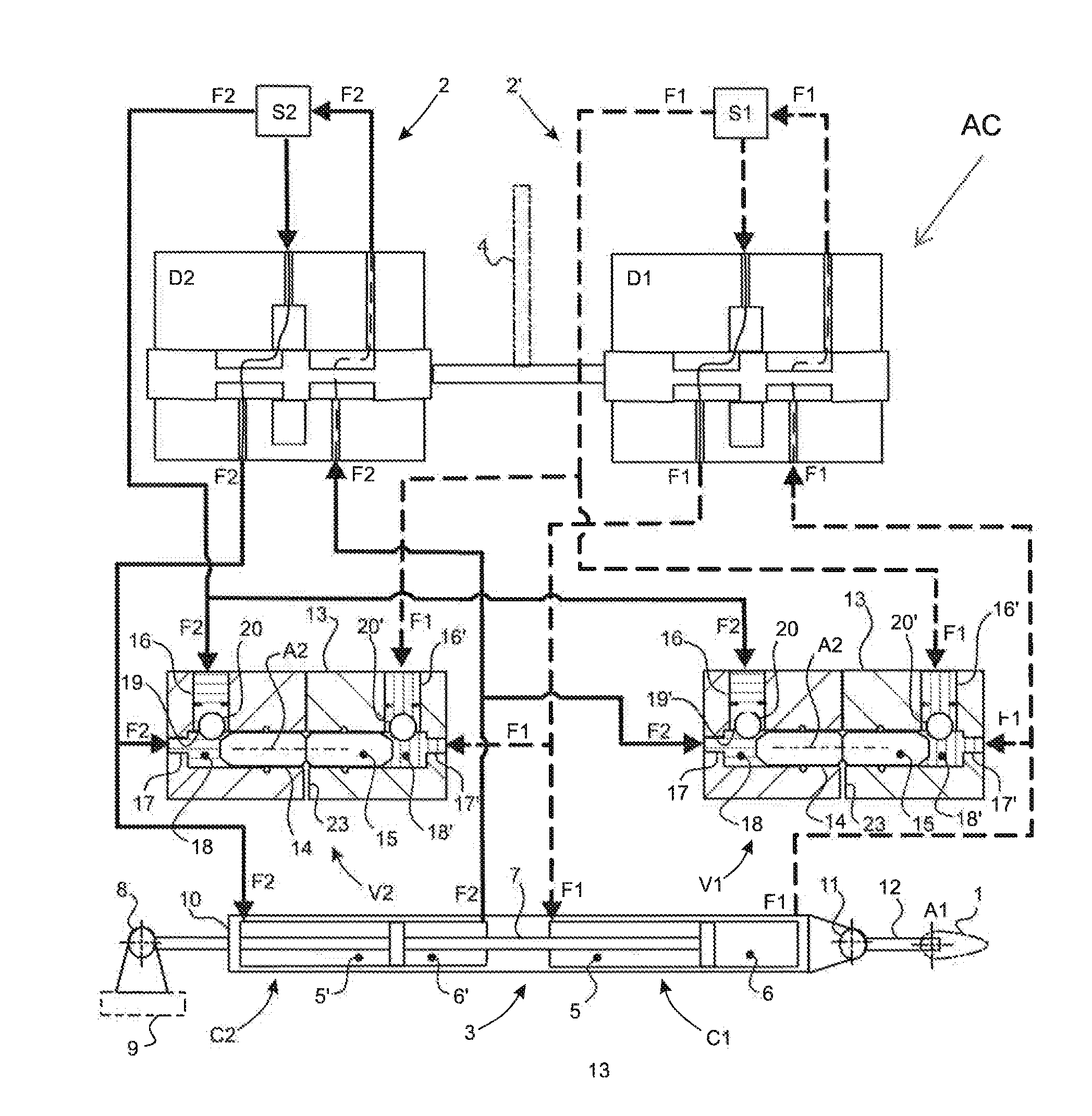 Pressure-balance valve for balancing fluid feed to actuator cylinders of a servo-control for controlling rotor blades of a rotorcraft