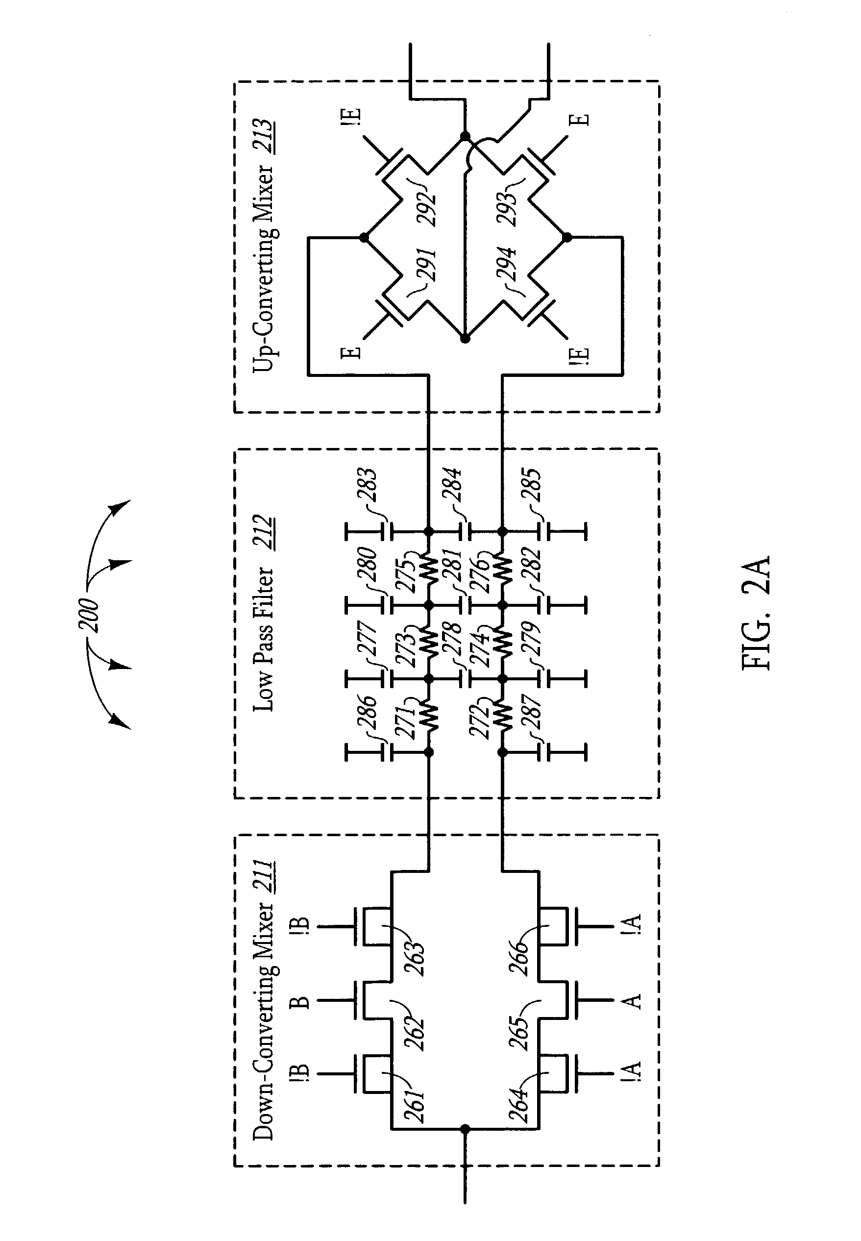 Up-conversion of a down-converted baseband signal in a direct conversion architecture without the baseband signal passing through active elements