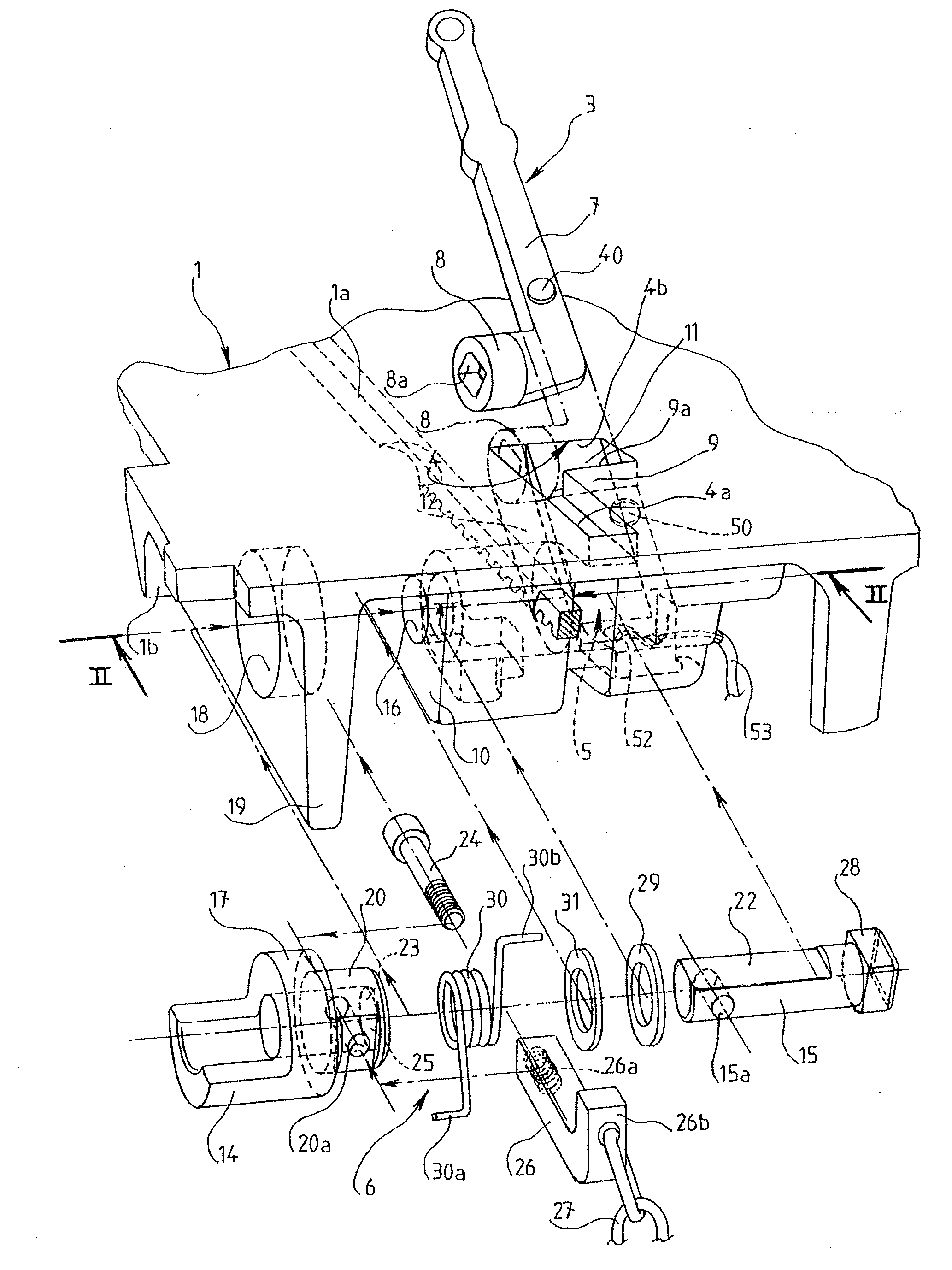Device for locking and unlocking a plug on a frame using a wrench